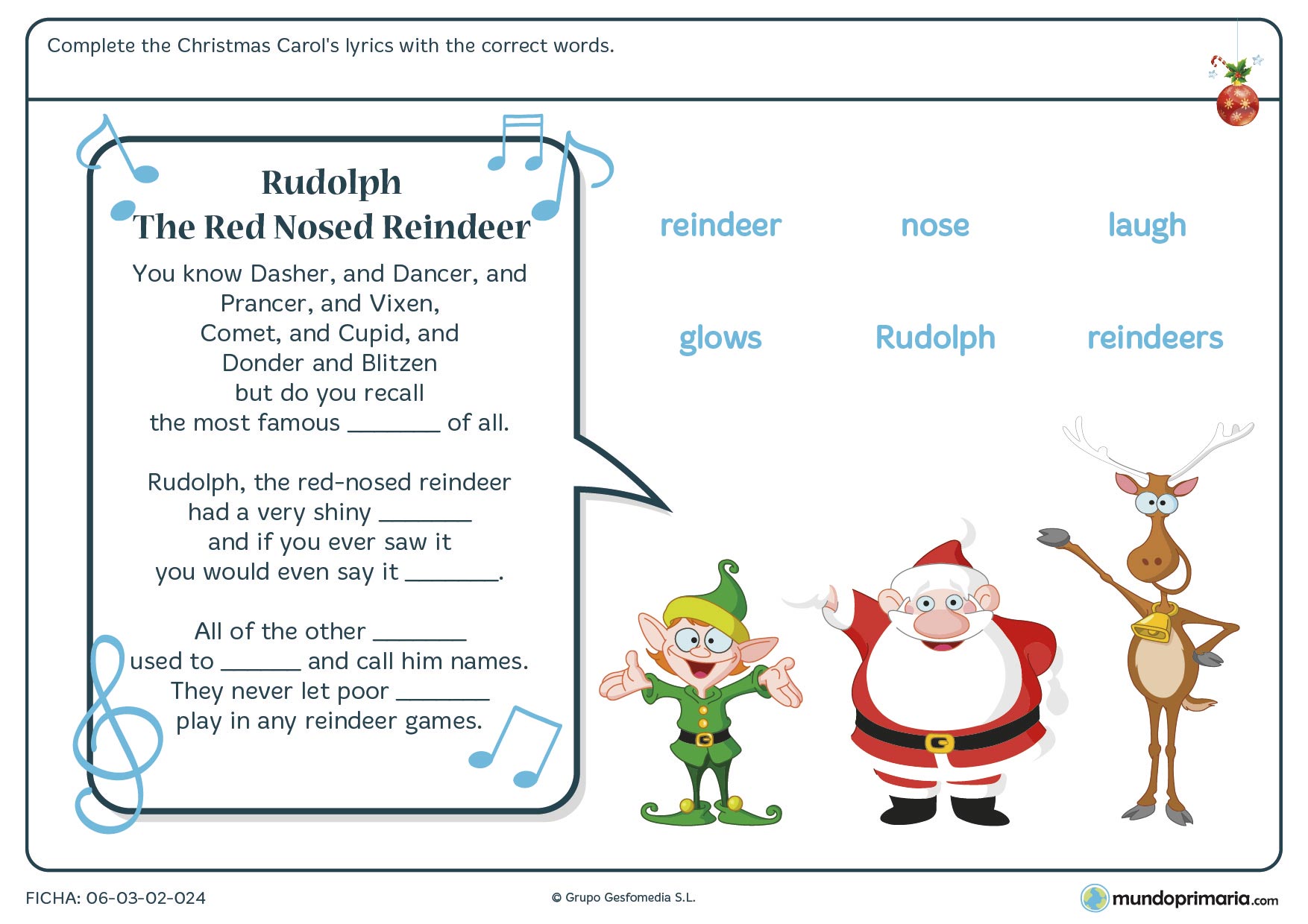 Ficha de vocabulario de la Navidad para niños de primaria relacionada con un conocido villancico