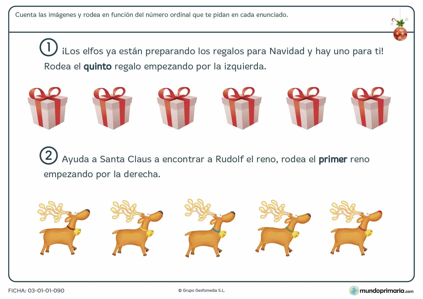 Ficha de números ordinales con motivos navideños para repasar las matemáticas de una forma dinámica.