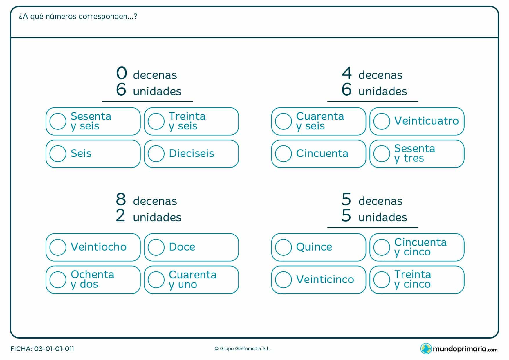 Ficha de a qué número corresponde las decenas en el que hay que marcar una de las opciones en función de las decenas y unidades que te dan.