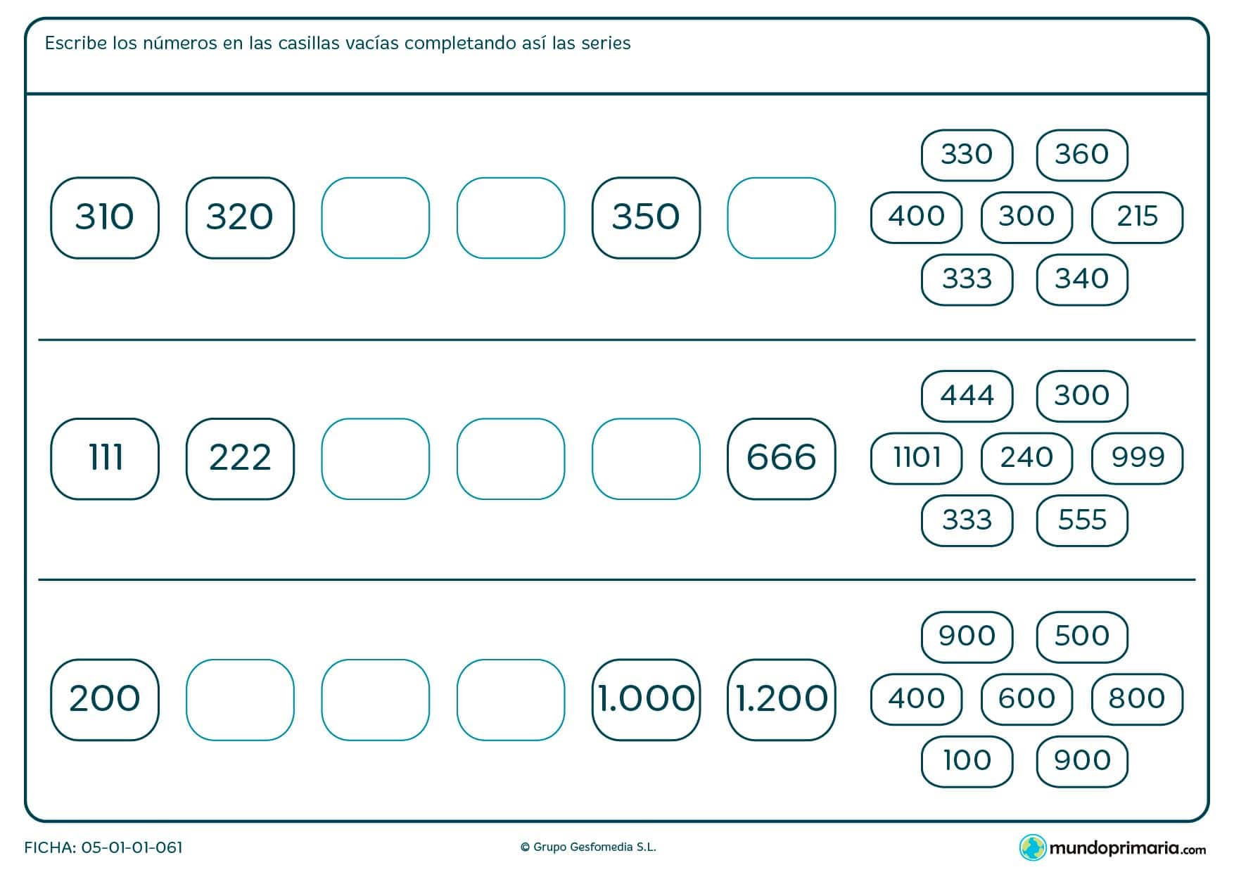 Acaba estas series colocando los números en los huecos correctos.