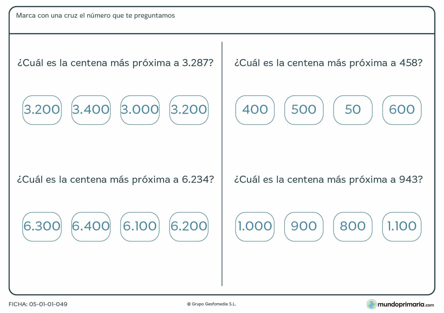 Ficha de aproximaciones y centenas para señalar las cifras más cercanas.