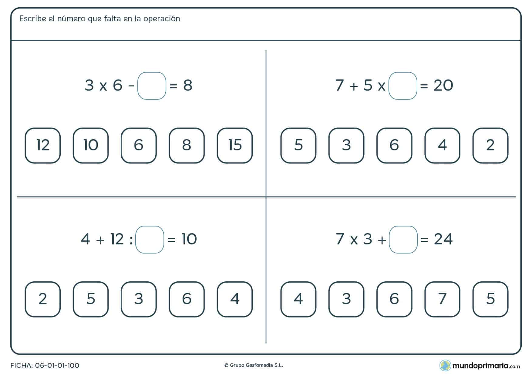 Ficha de averiguar el número asiente en cada operación, diseñada para la práctica de la jerarquía de operaciones y el cálculo en general para alumnos de cuarto curso de Primaria