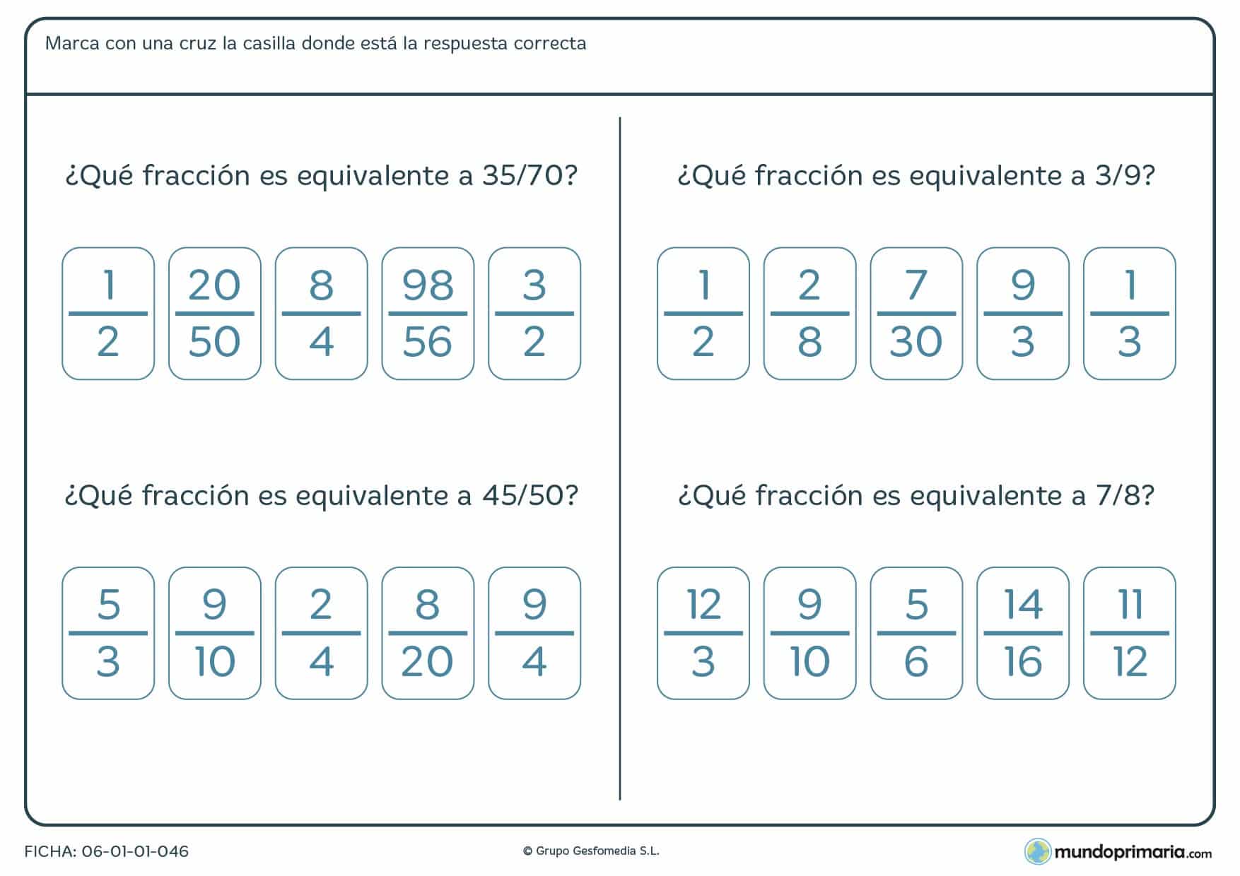 Ficha de apoyo de matemáricas centrada en buscar aquella fracción que sea equivalente para el repaso de alumnos de cuarto de Primaria