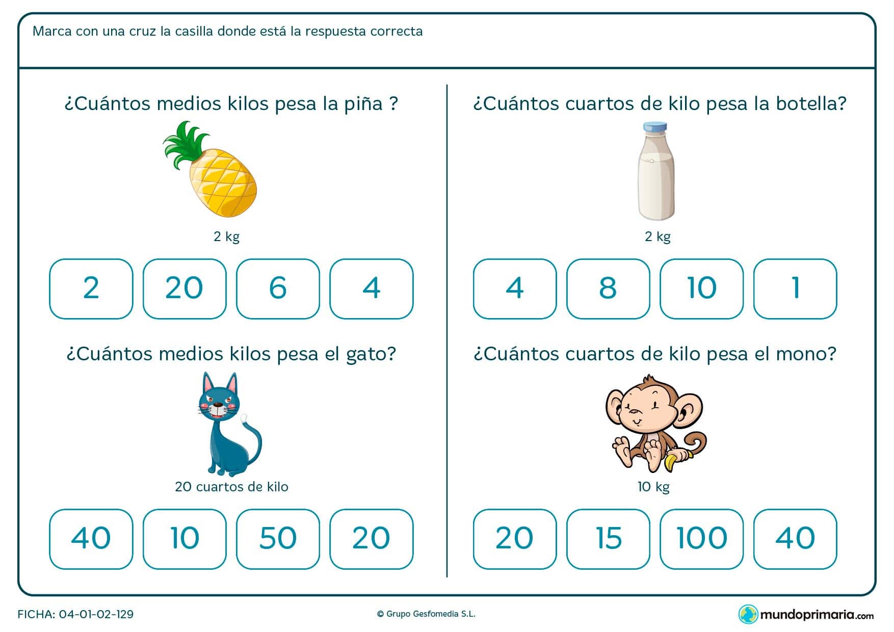 Ficha de calcular el peso de los objetos para niños de segundo de Primaria en la que tendrán que identificar la equivalencia del peso que aparece en el dibujo.