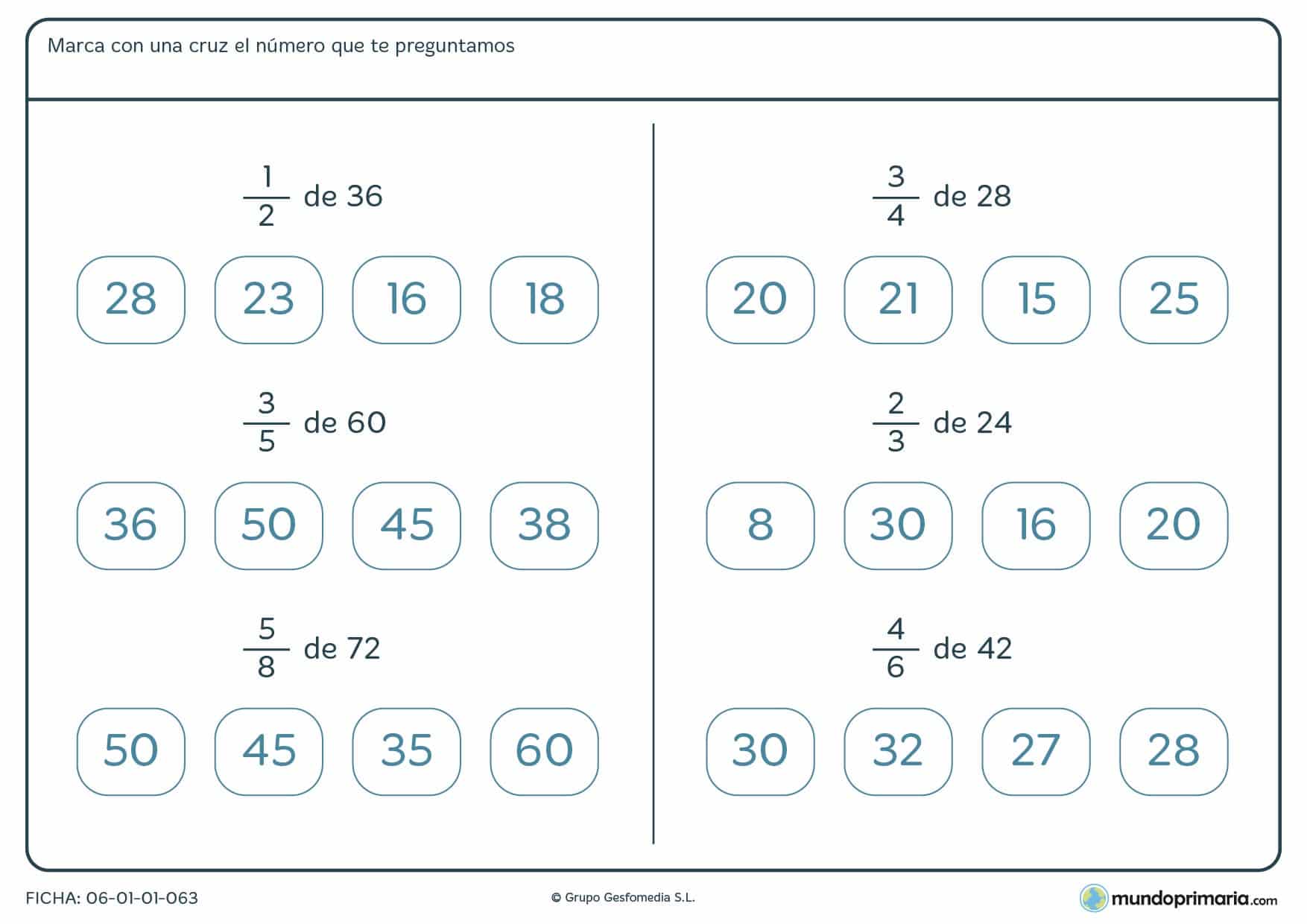 Ficha para niños de cuarto de Primaria consistente en calcular la fracción de una cantidad en cada ejercicio.