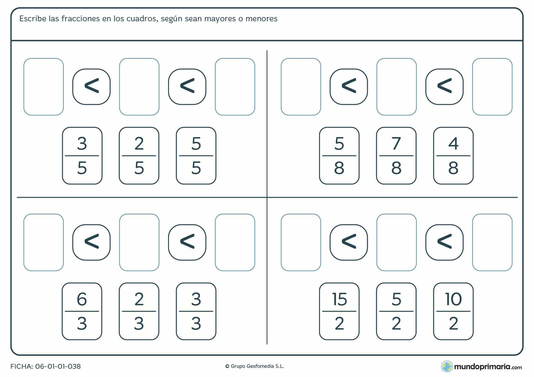 Ficha recomendada para el repaso de fracciones para alumnos de cuarto de Primaria en la que deben ordenar las fracciones