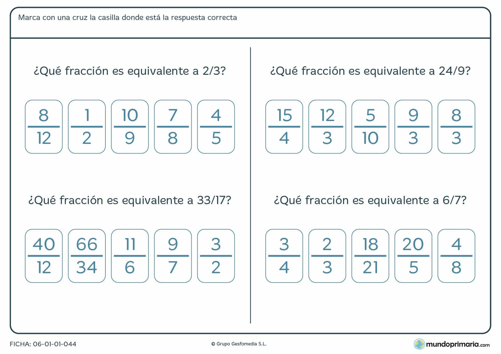 Ficha que comprende cuatro ejercicios de búsqueda de fracciones equivalentes al compararlas entre ellas
