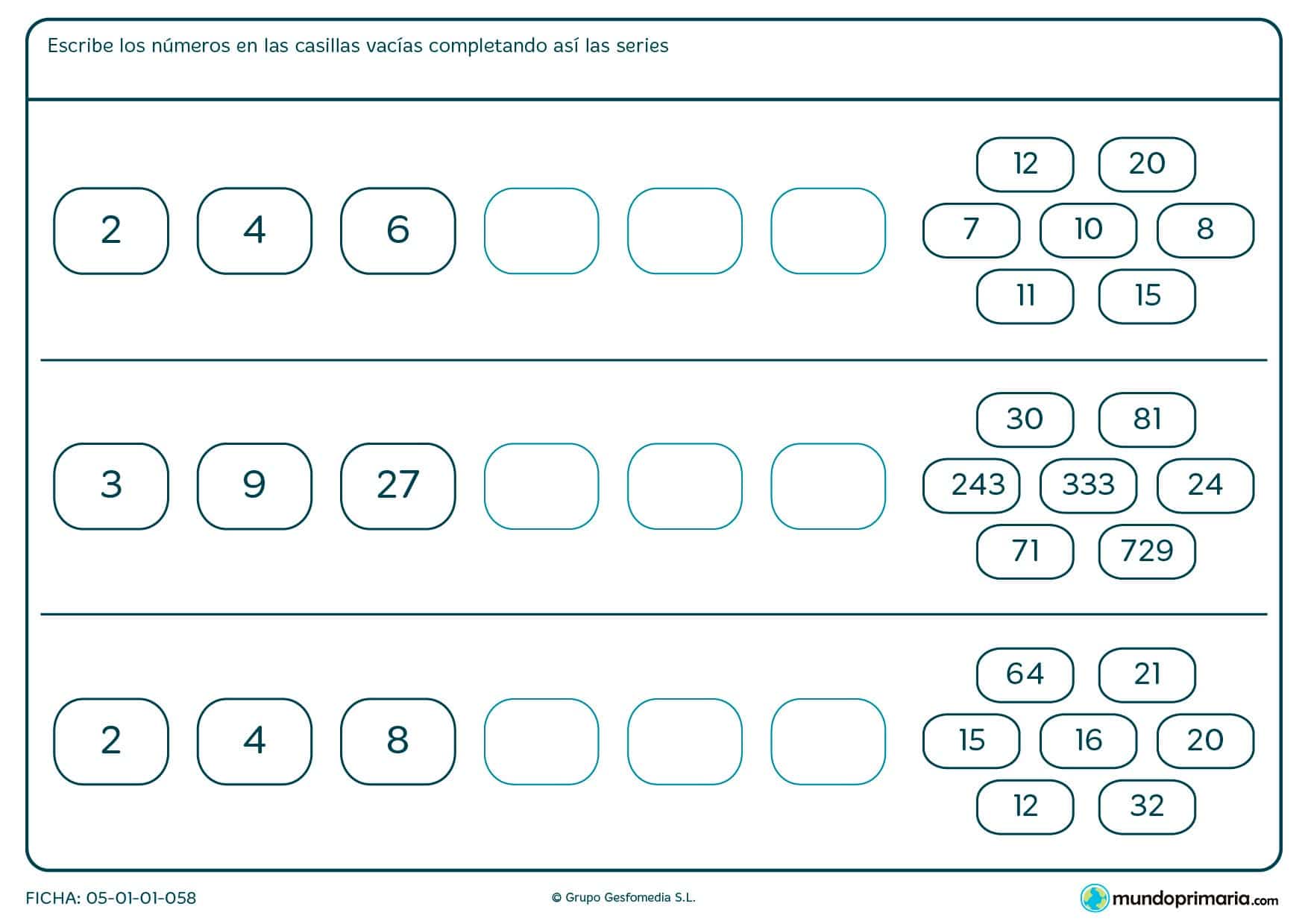 Completa los huecos en blanco con los números correspondientes para completar las series.