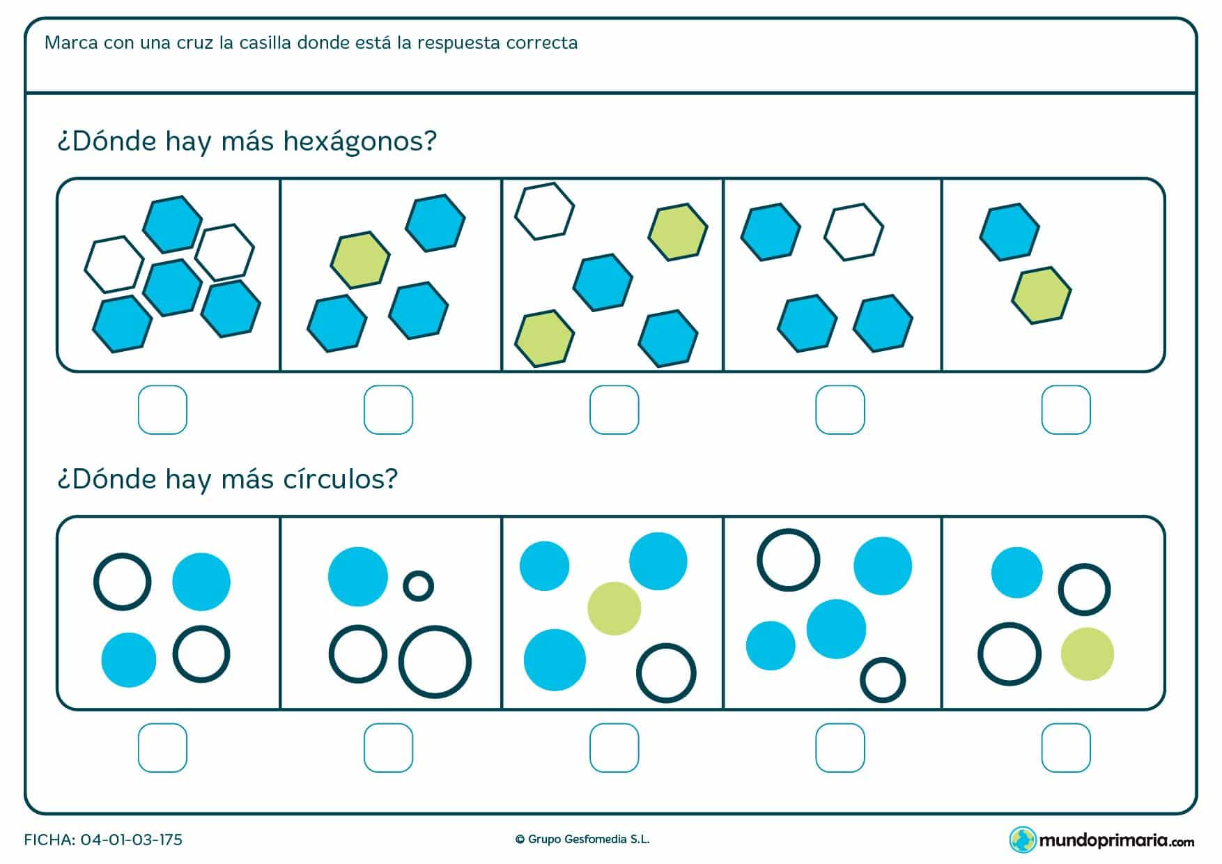Ficha de contar hexágonos y círculos en la que tendrás que marcar la opción en la que existan mayor cantidad de estos polígonos.