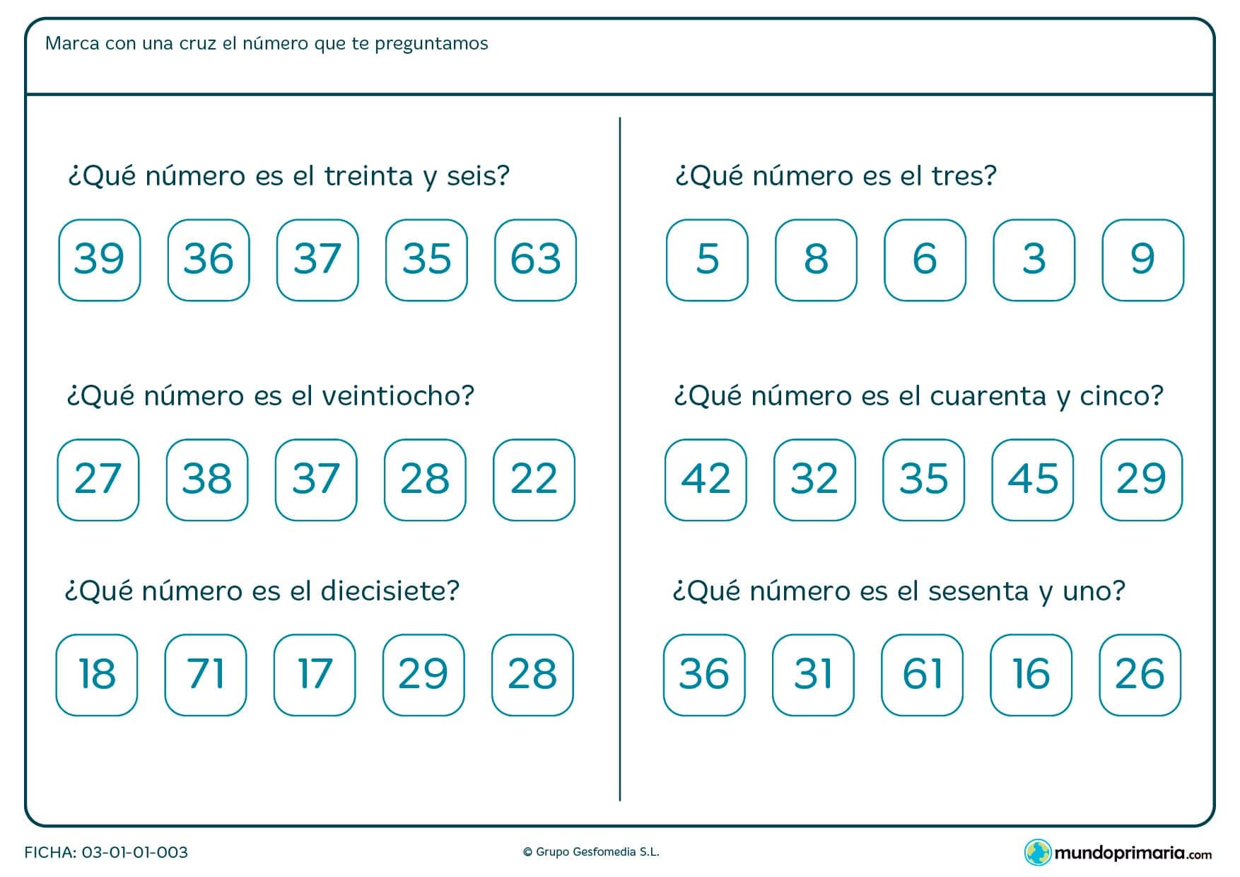 Ficha de cuál es el número escrito en el que hay que marcar el número correspondiente.