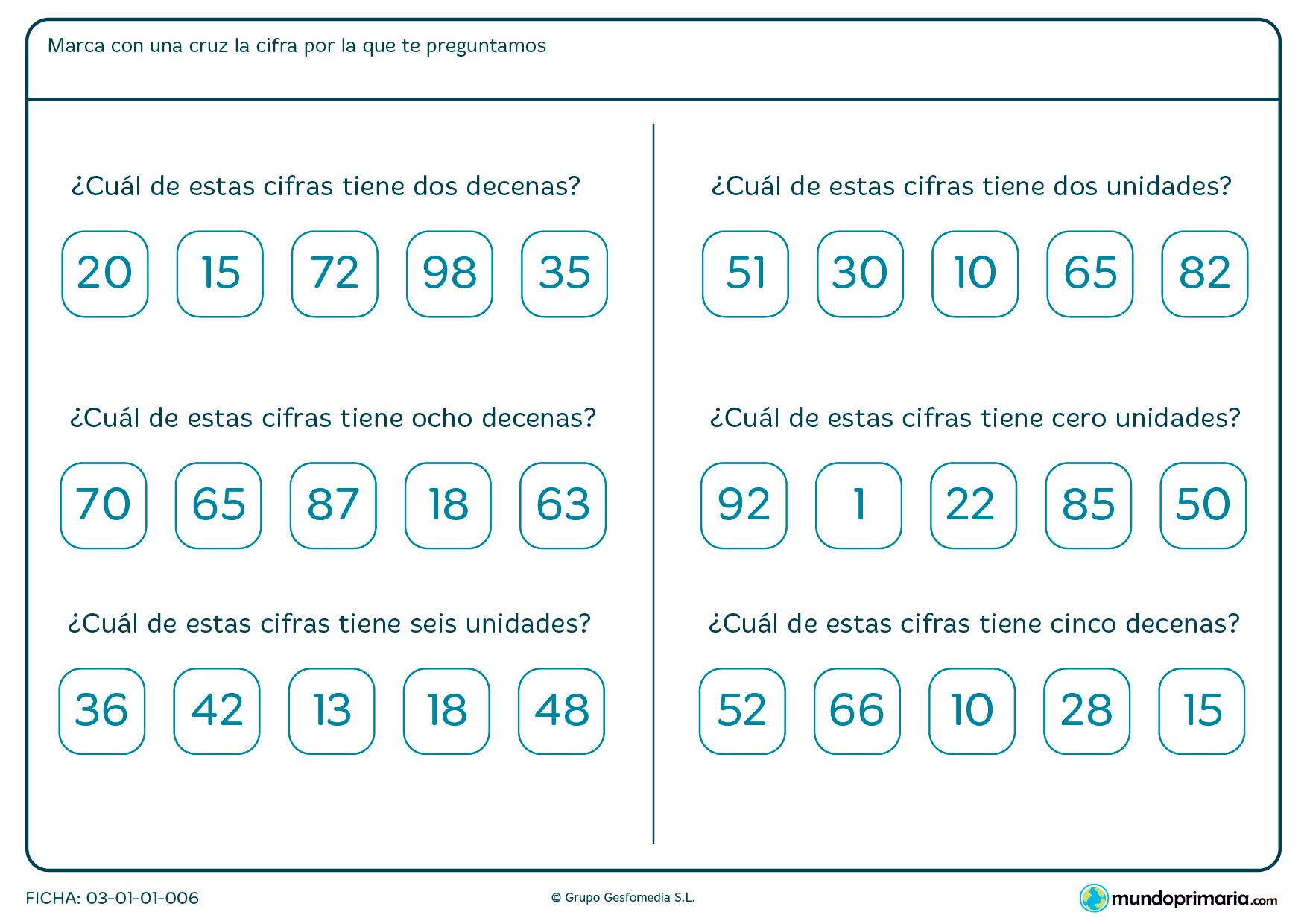 Ficha de cuantas decenas y unidades tienen los números en el que marcar la respuesta entre las opciones propuestas.