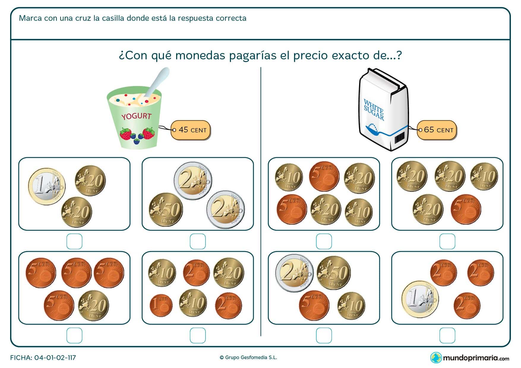 Ficha de decidir el precio exacto del azúcar para niños de Primaria por la que los alumnos aprenderán a manejar monedas.