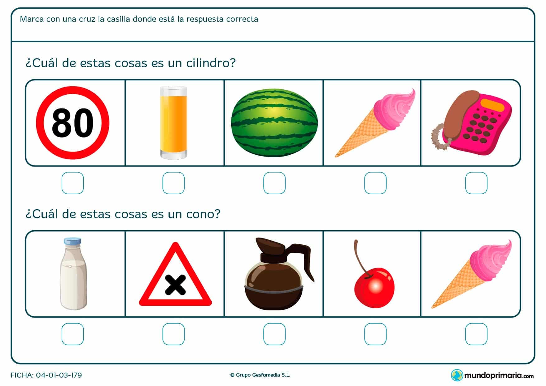Ficha de diferenciar el cono y el cilindro en la que tendrás que localizar estos polígonos y marcar la casilla.