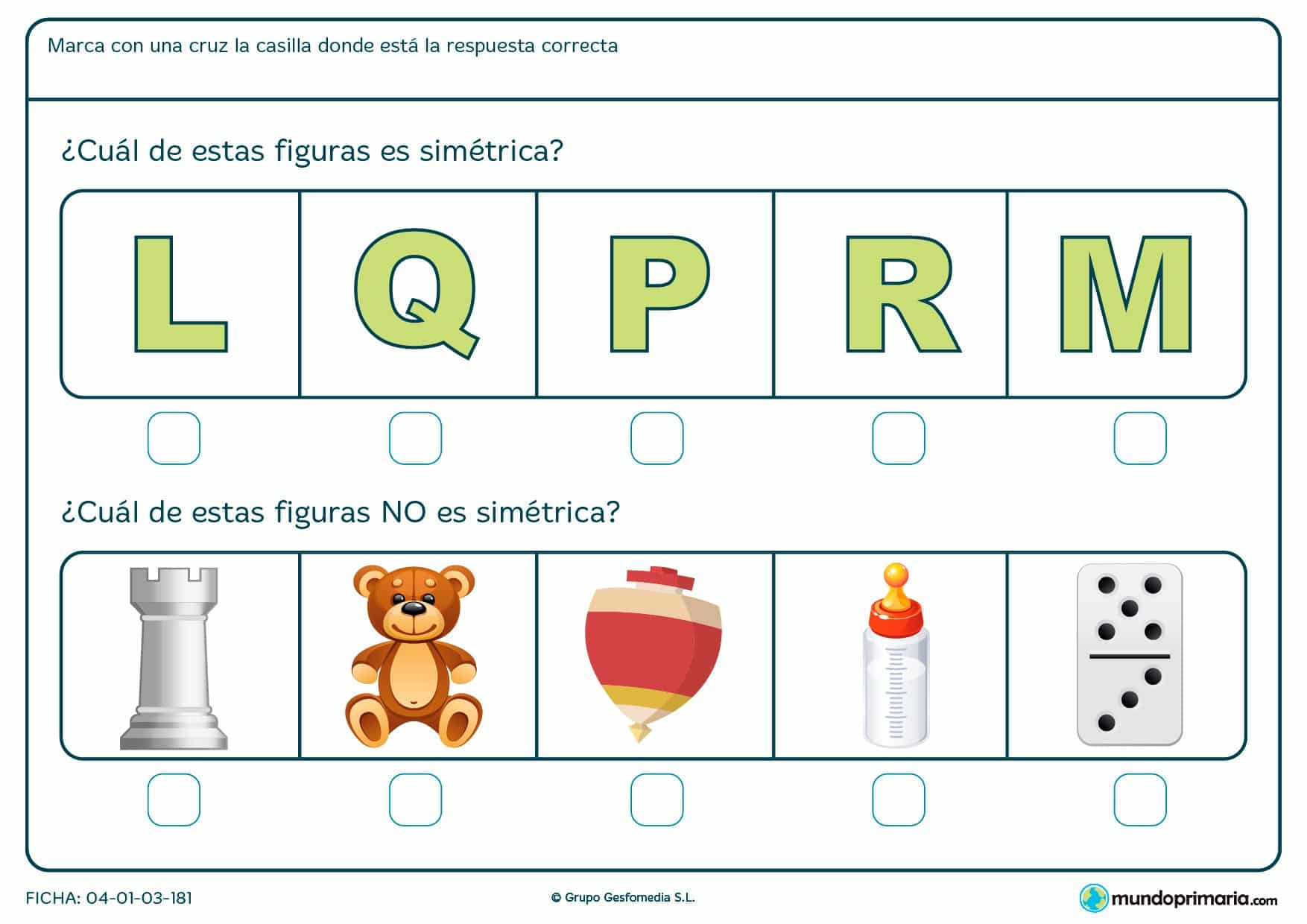 Ficha de distinguir dibujos simétricos y asimétricos en la que tendrás que marcar la casilla correcta en cada caso.