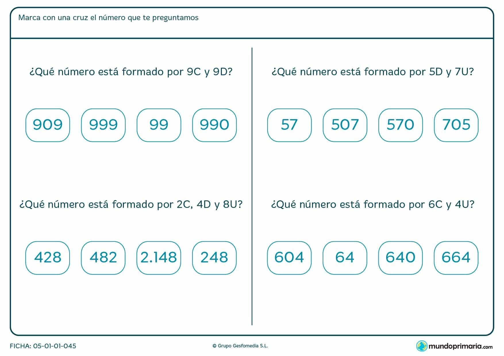 Selecciona la opción correcta al formar el números con unidades, decenas y centenas.