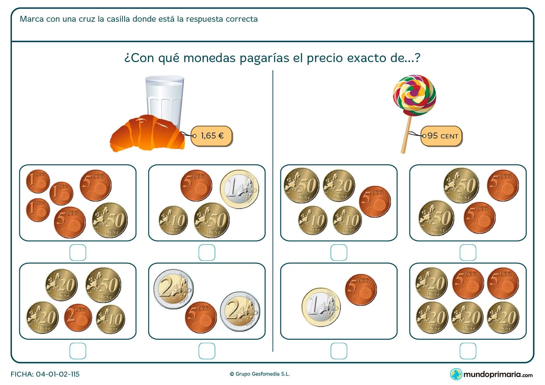 Ficha de encontrar el precio exacto de la piruleta para niños de siete a ocho años por la que los niños elegirán la combinación de monedas más adecuada.