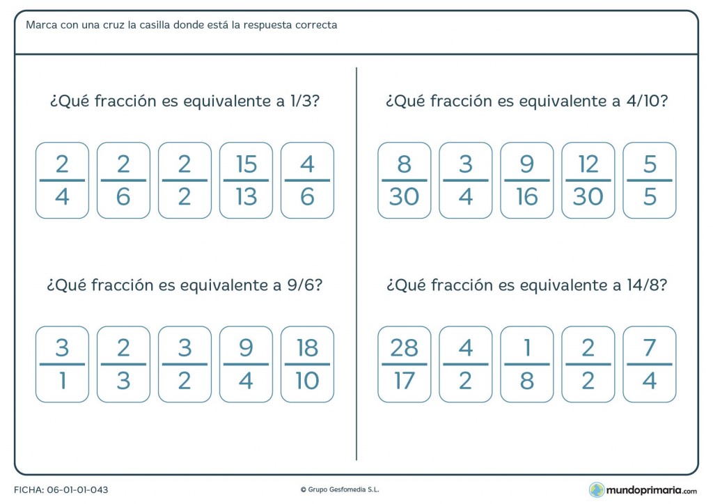 Ficha de encontrar las fracciones equivalentes para 4º de Primaria
