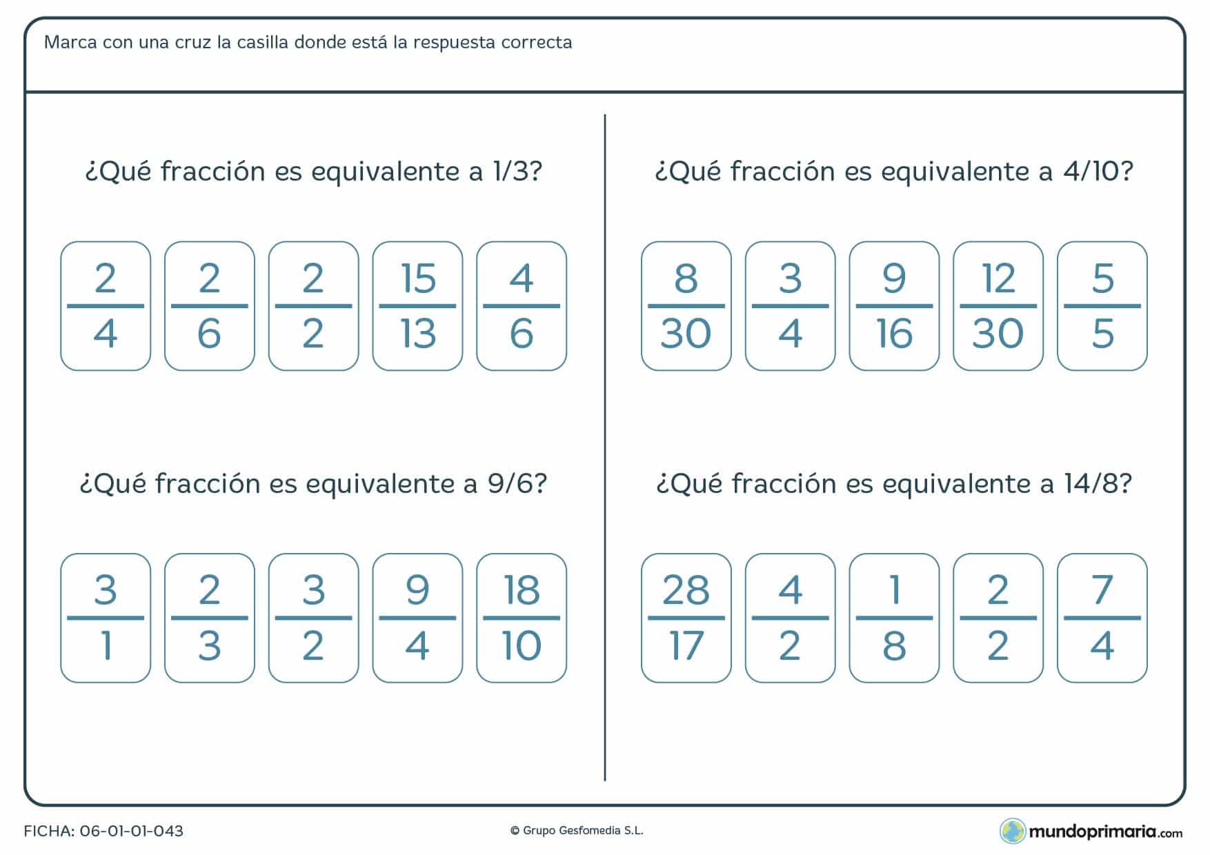Ficha de encontrar las fracciones equivalentes para 4º de