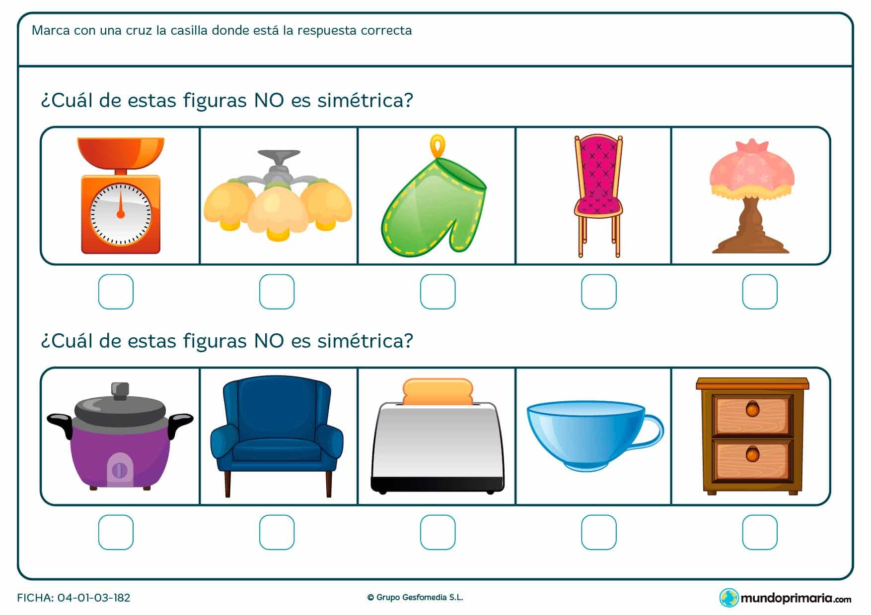 Ficha de encontrar los objetos asimétricos en la que tendrás que identificar las figuras asimétricas y marcarlas.