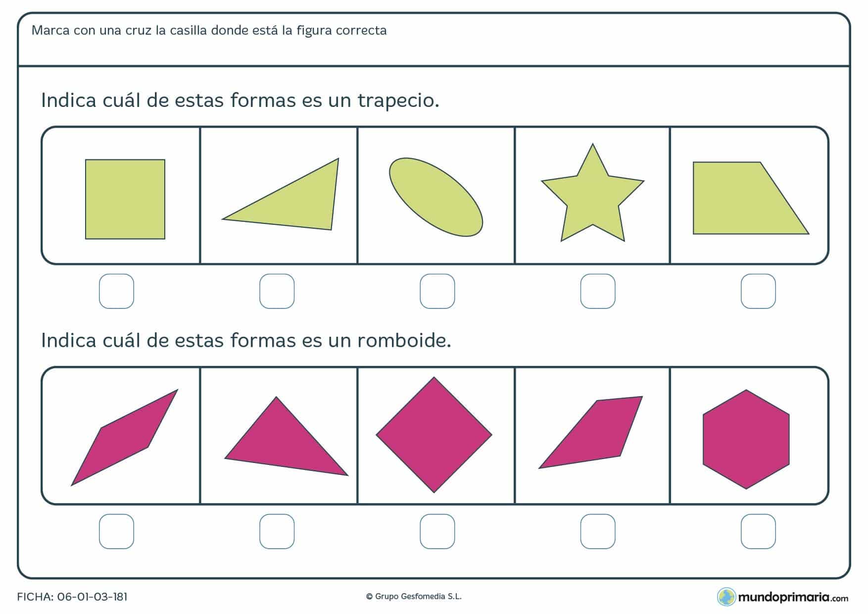 Ficha de encontrar un trapecio para resolver el ejercicio relacionado con la geometría de cuarto curso de Primaria.