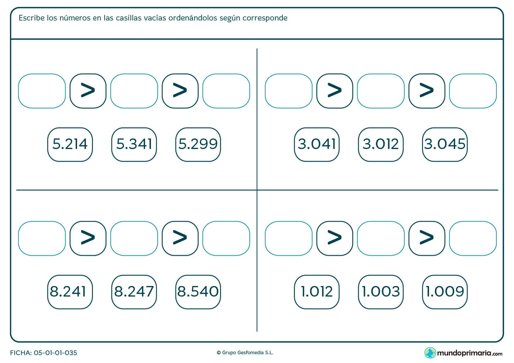 Coloca cada número en su casilla según indiquen los signos "mayor que" y "menor que" del ejercicio.