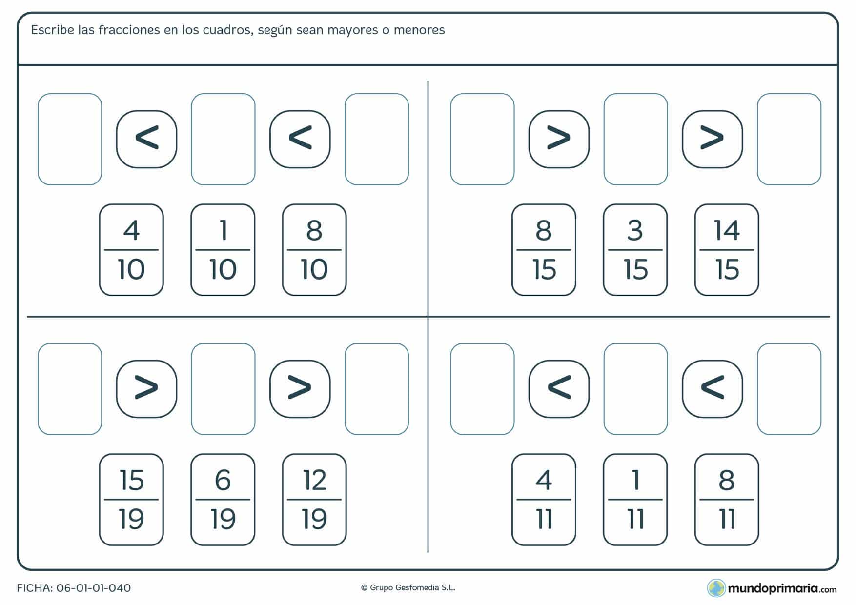 Ficha consistente en escribir las fraciones siguendo un orden dado por los símbolos de mayor que y menor que para niños de Primaria
