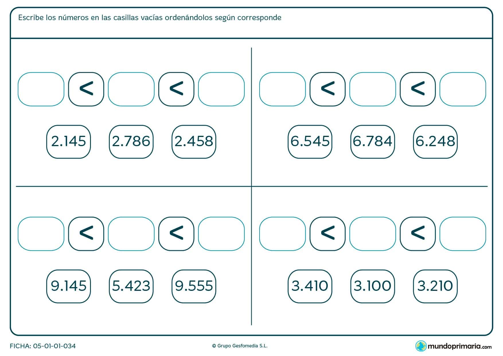 Ordena los números en su lugar correspondiente en cada ejemplo