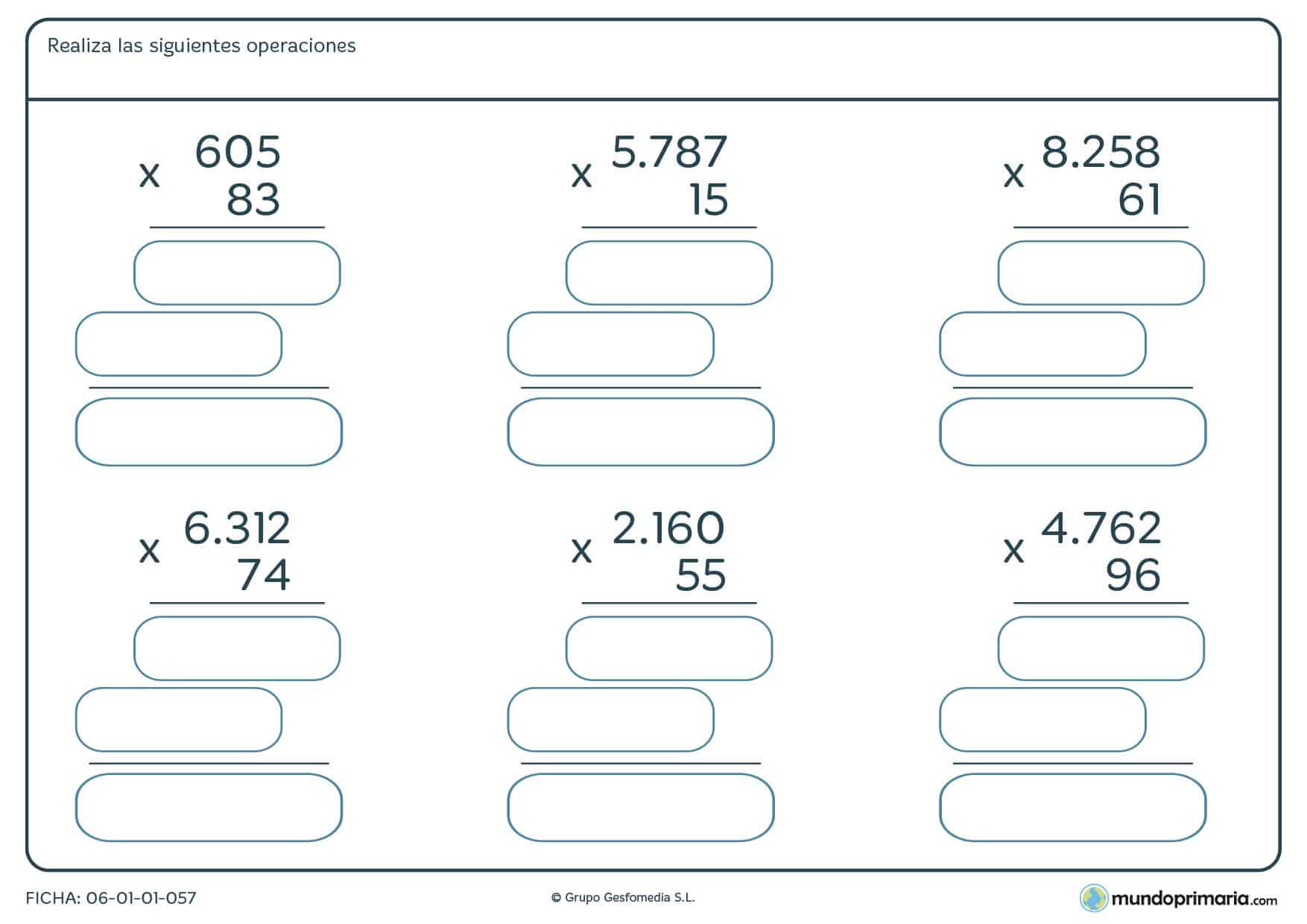 Ficha de hallar el resultado a las multiplicaciones propuestas, recomendada para niños de cuarto de Primaria o cursos superiores