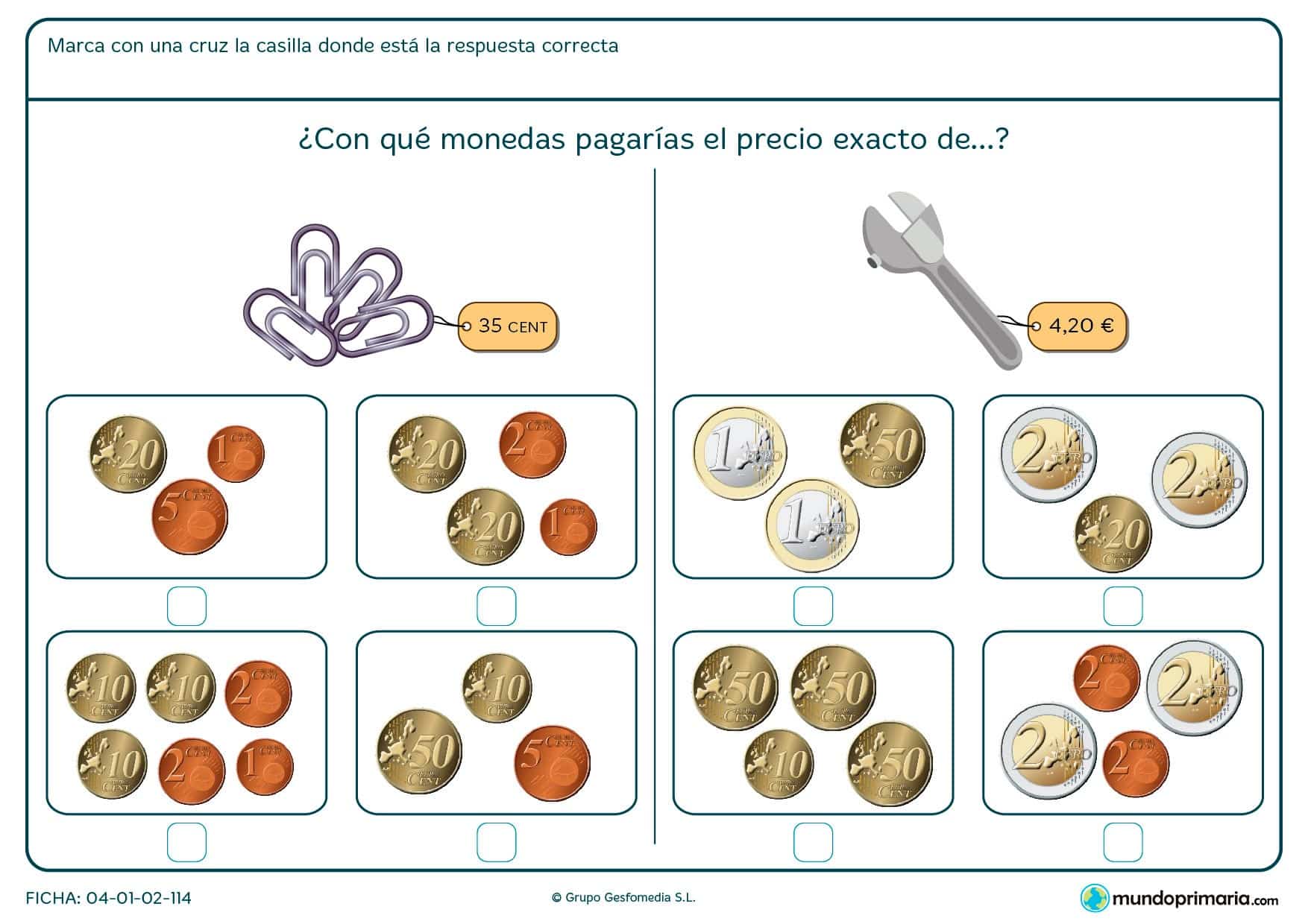 Ficha de identificar el precio exacto de los clips para segundo de Primaria por la que los niños elegirán la respuesta correcta según el enunciado.