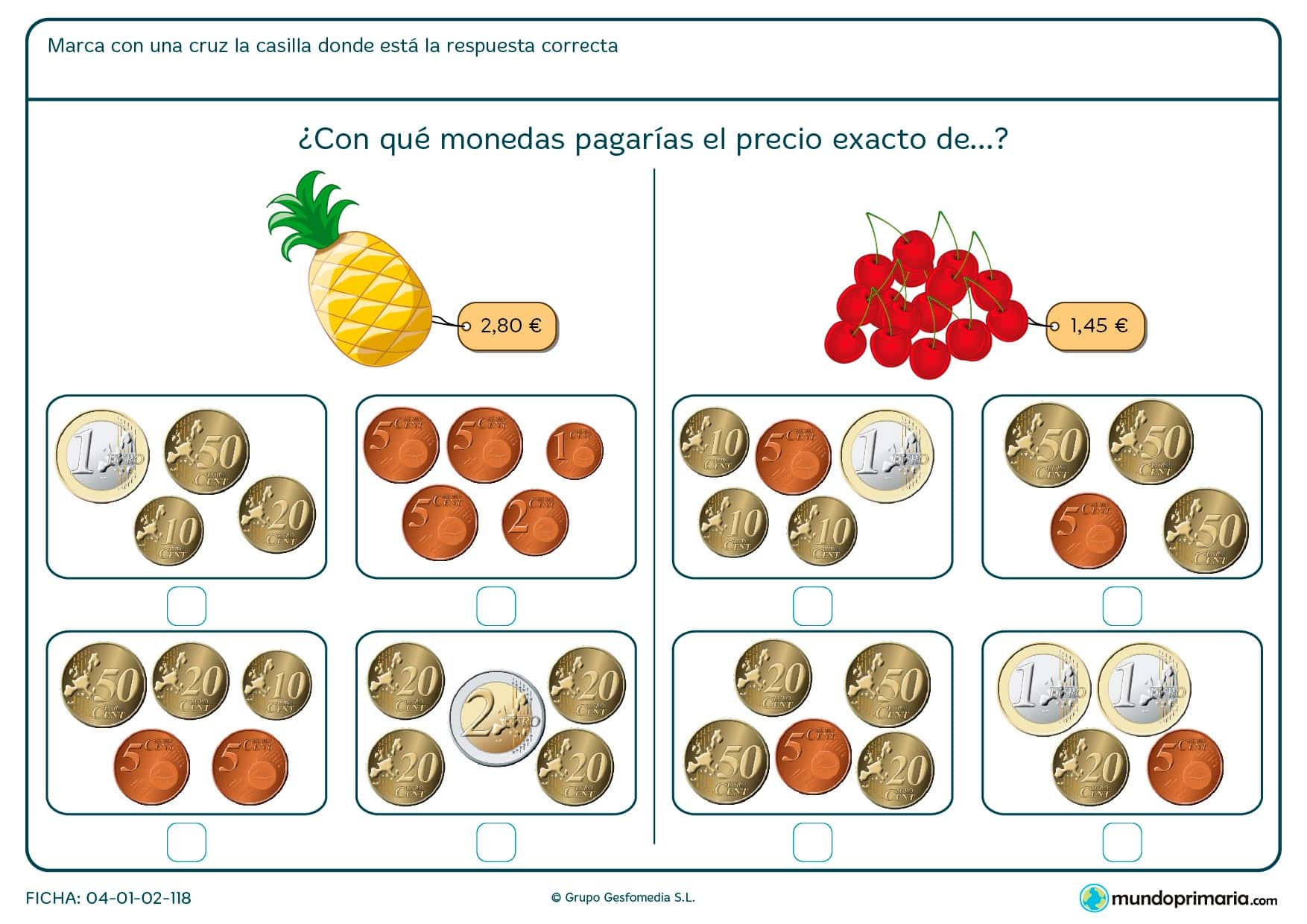 Ficha de indicar el precio exacto de las cerezas para niños de siete a ocho años por la que los alumnos y alumnas aprenderán a gestionar cantidades de dinero.