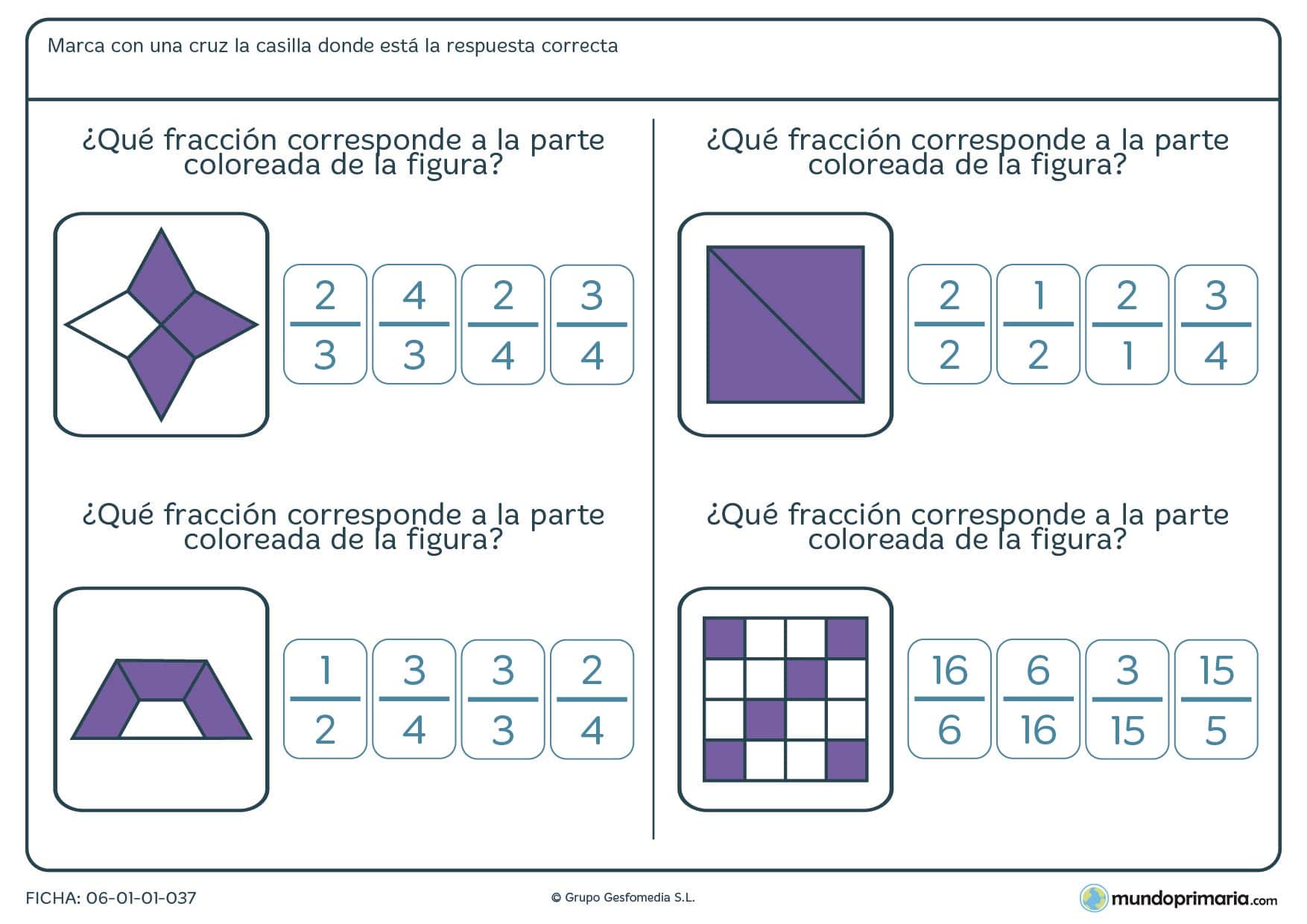 Ficha pensada para que los niños de cuarto de Primaria relacionen la parte coloreada y su fracción correspondiente