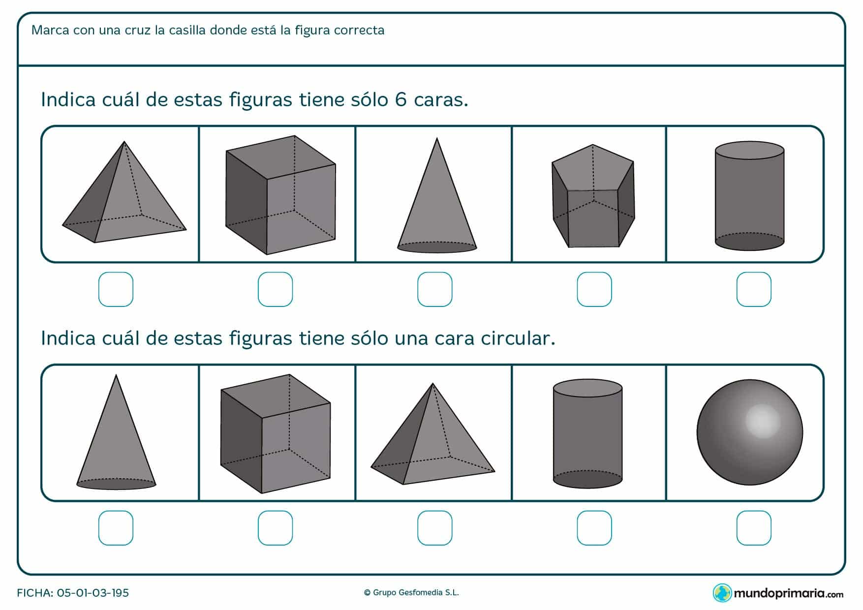 Ficha de las figuras de seis caras o caras circulares para Primaria Mundo Primaria