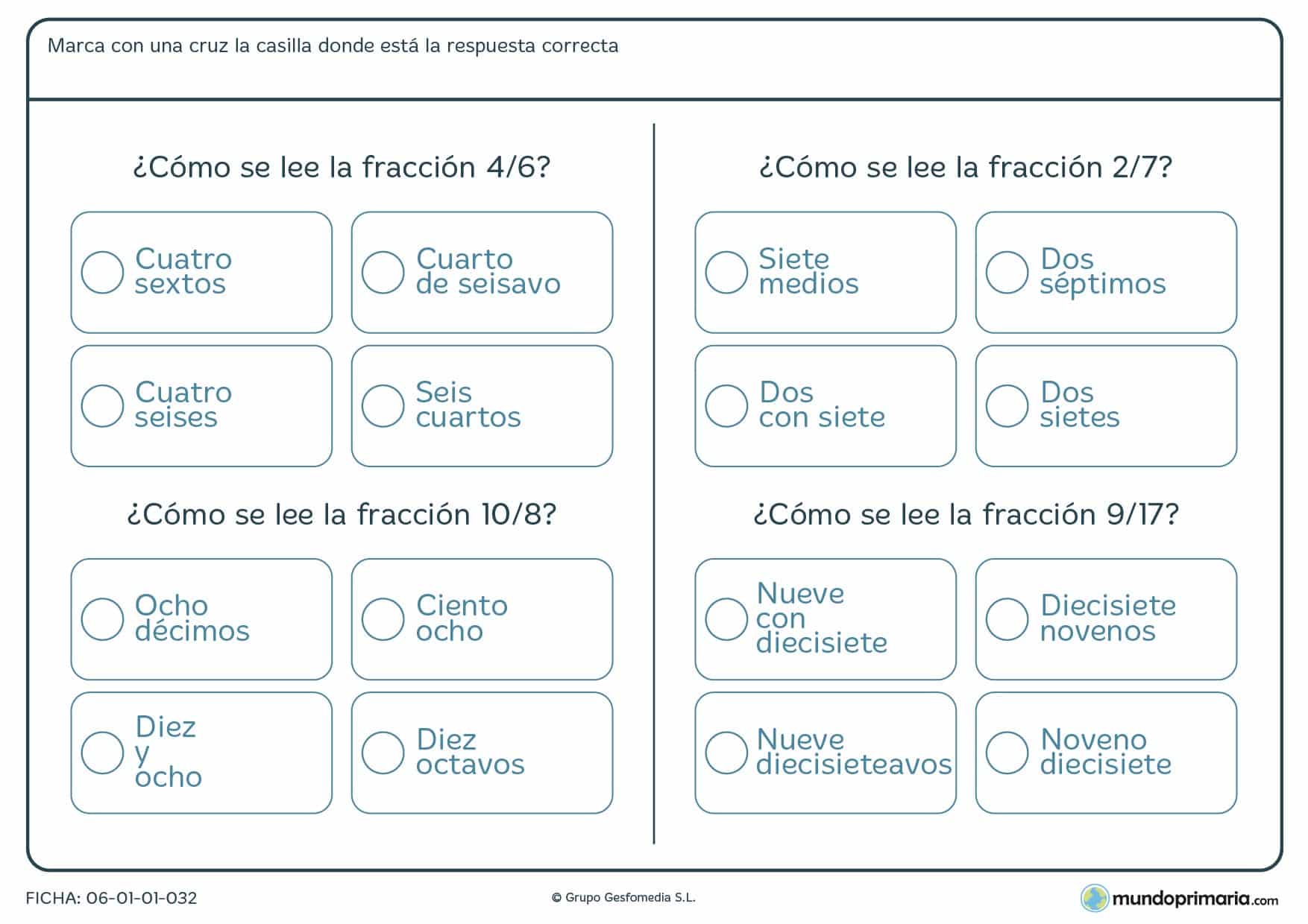 Ficha de leer fracciones diseñada para que los alumnos de 4º de Primaria puedan reforzar sus conocimientos