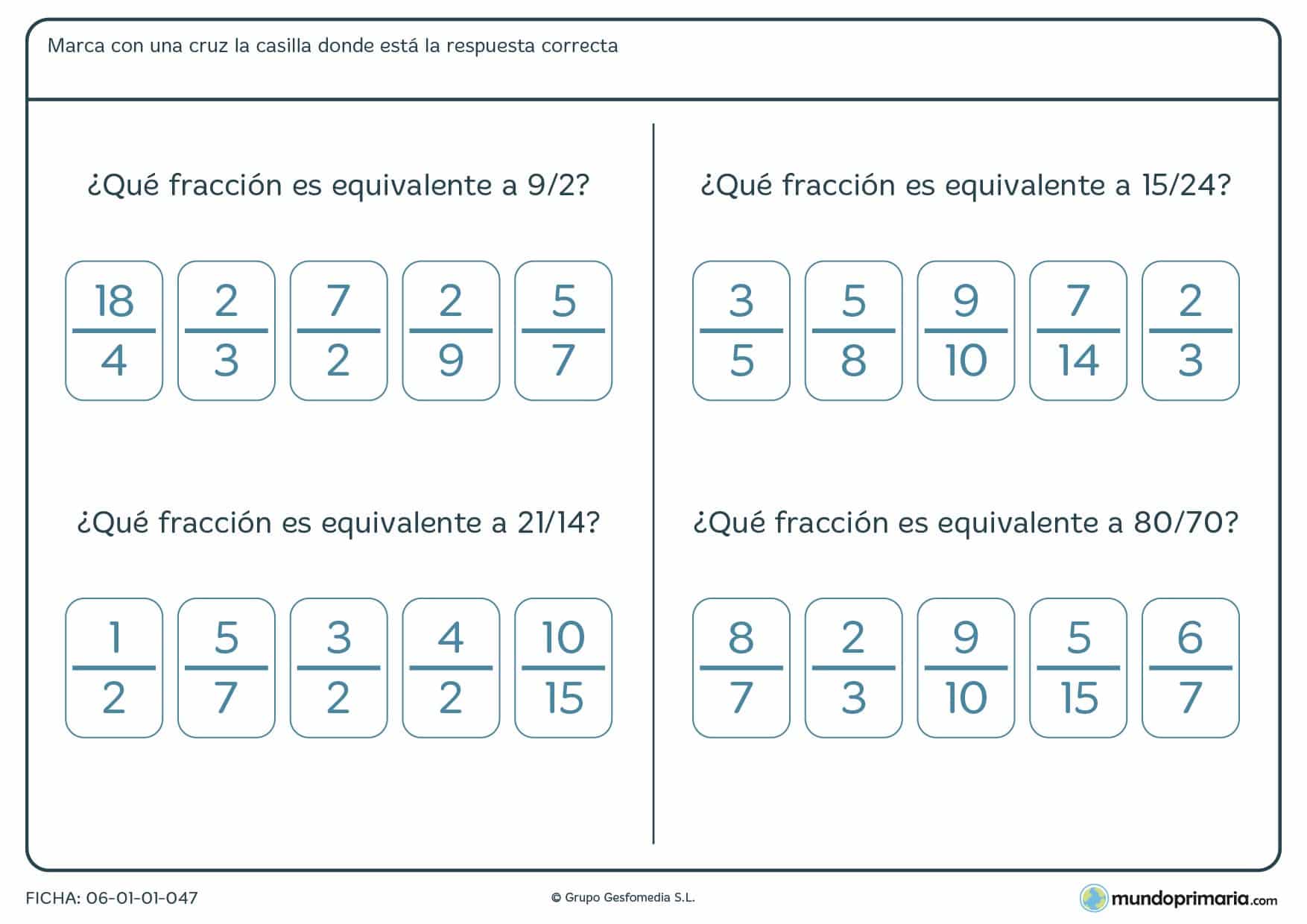 Ficha recomendada para alumnos de cuarto de Primaria que quieran repasar el tema de las fracciones equivalentes