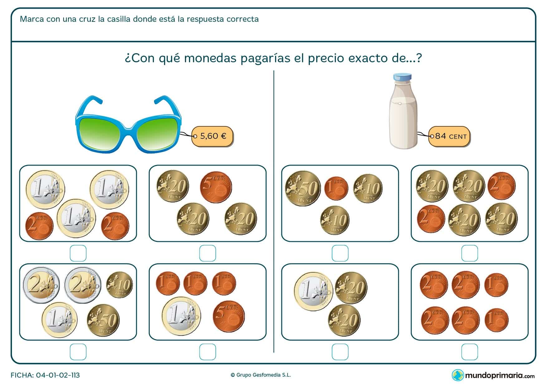 Ficha de marcar el precio exacto de las gafas para niños de Primaria por la que los niños decidirán cuál es el modo de pagar por el objeto.