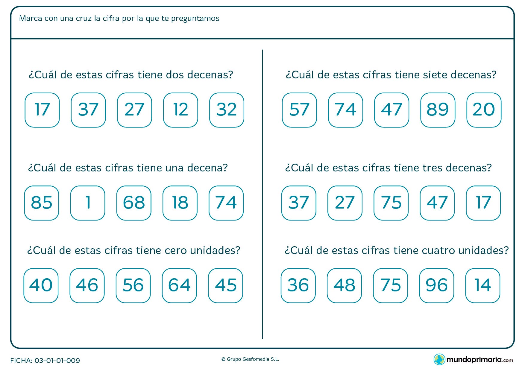 Ficha de marcar la cifra según las decenas y unidades en el cuál hay que elegir una de las respuestas entre las diferentes opciones.