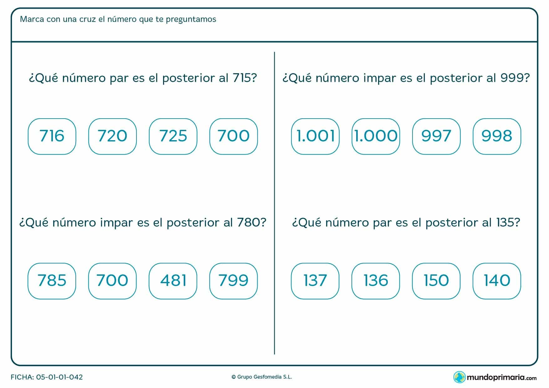 Ficha de elegir el número par o impar posterior a una cifra dada.
