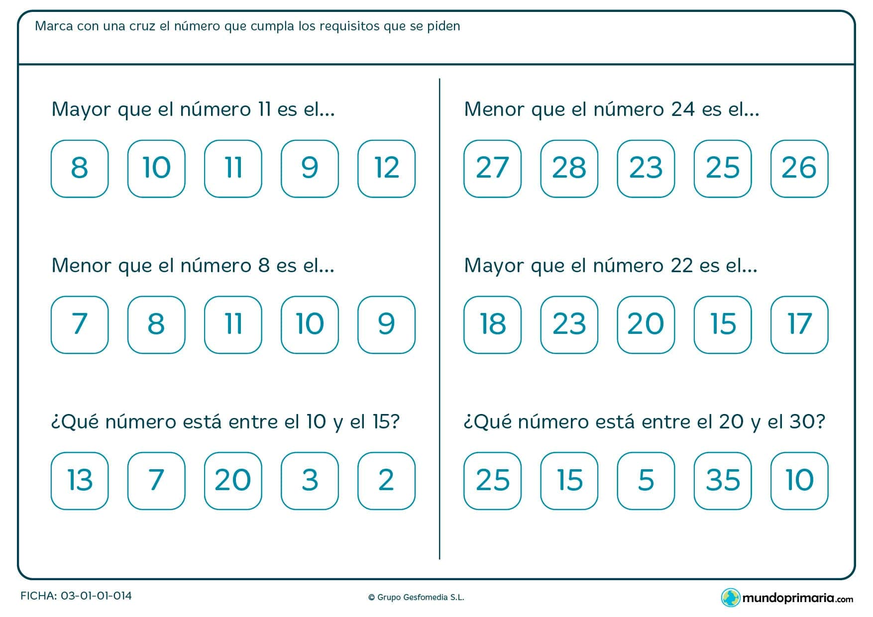 Ficha de números y su orden en la que se debe señalar el número correspondiente al enunciado de cada apartado.