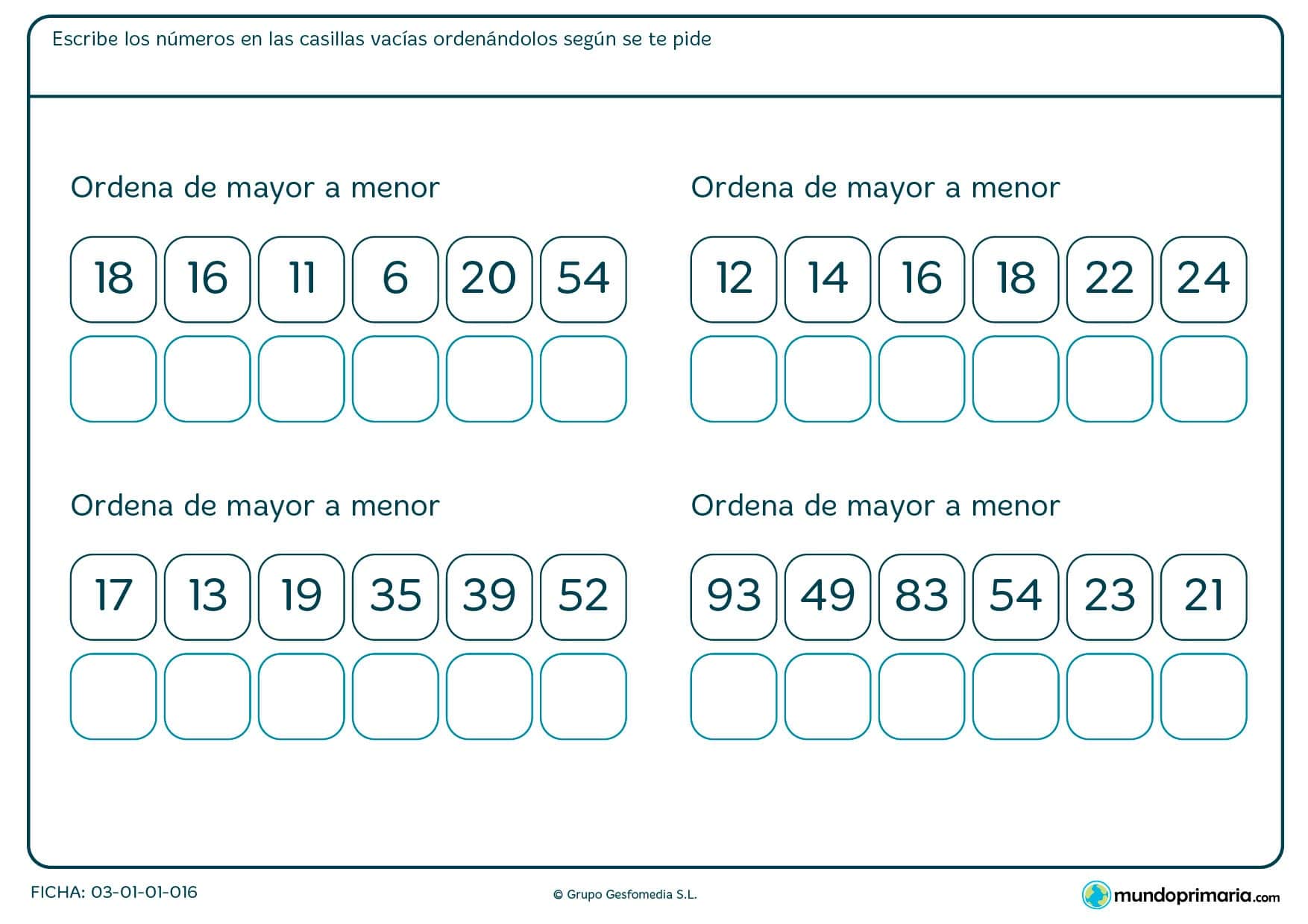 Ficha de ordenar de mayor a menor en la que hay que escribir los números dados en el ejercicio en orden.