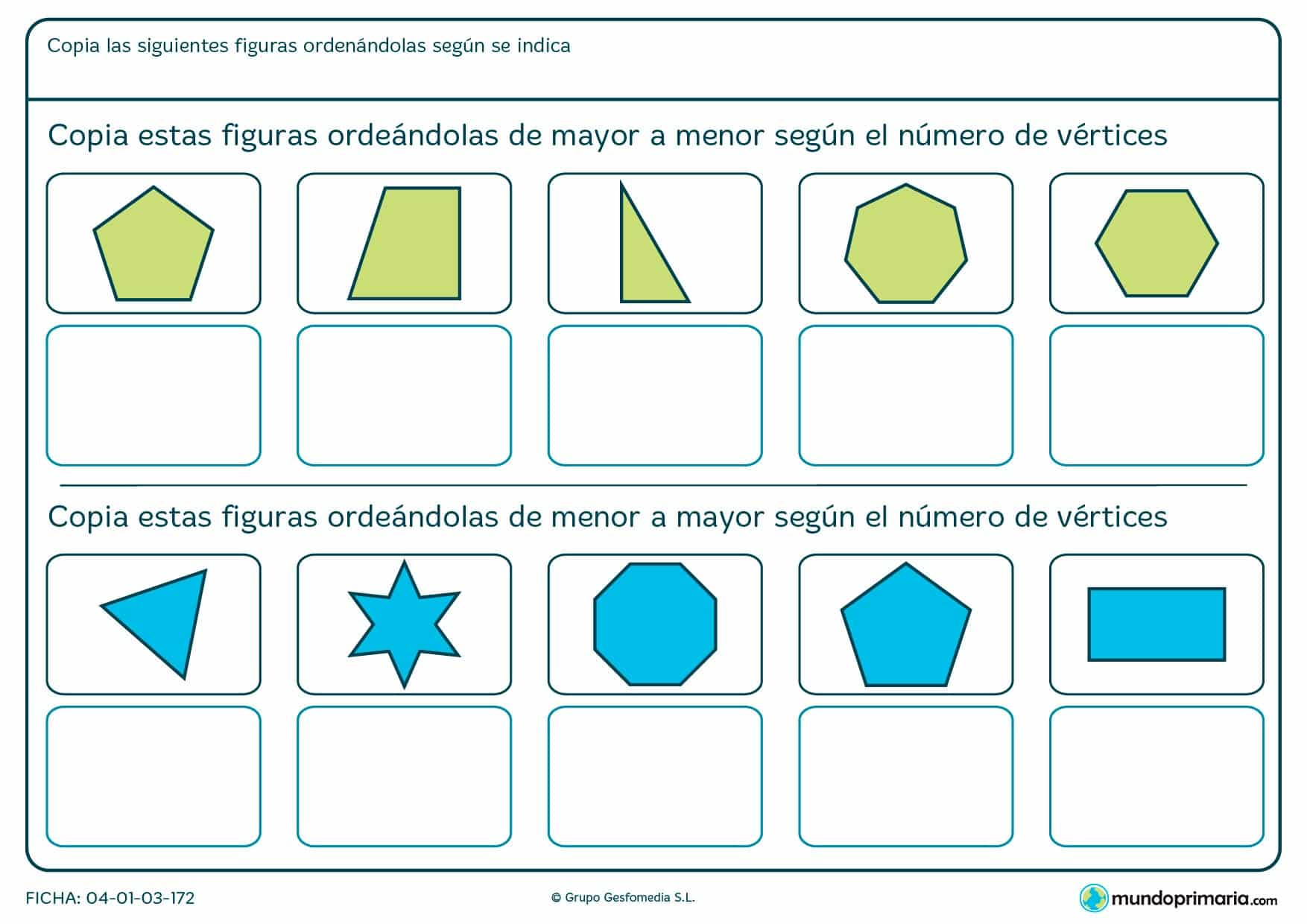 Ficha de ordenar figuras según el número de vértices para niños de segundo de Primaria para repasar geometría.