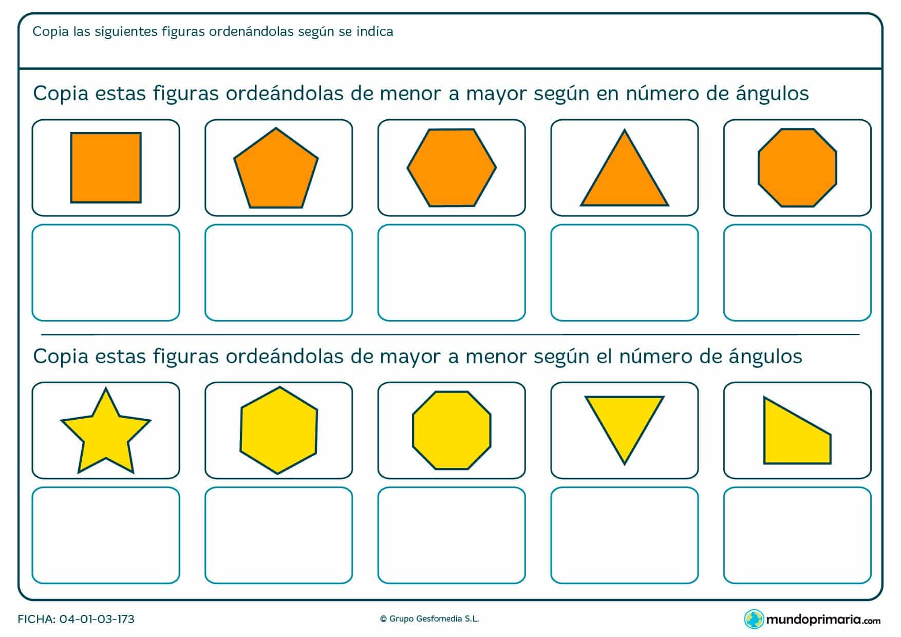 Ficha de ordenar figuras según el número de ángulos por la que tendrás que atender a esta propiedad de los polígonos.