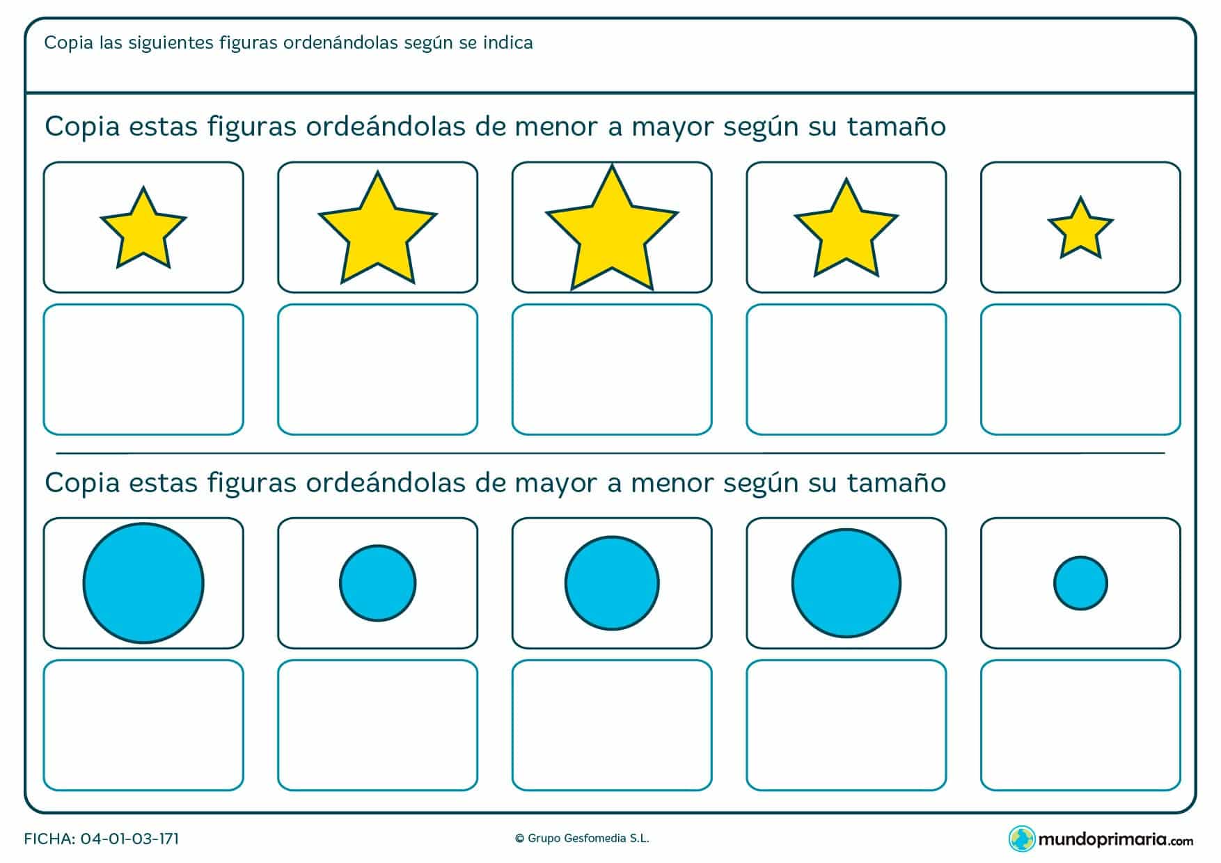 Ficha de ordenar figuras según el tamaño para segundo de Primaria en la que tendrás que marcar la casilla correcta.