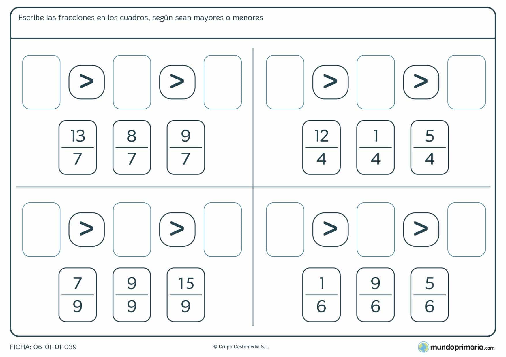 Ficha de ordenar fracciones de mayor a menor que poseen un mismo denominador, recomendada para niños a partir de 4º de Primaria
