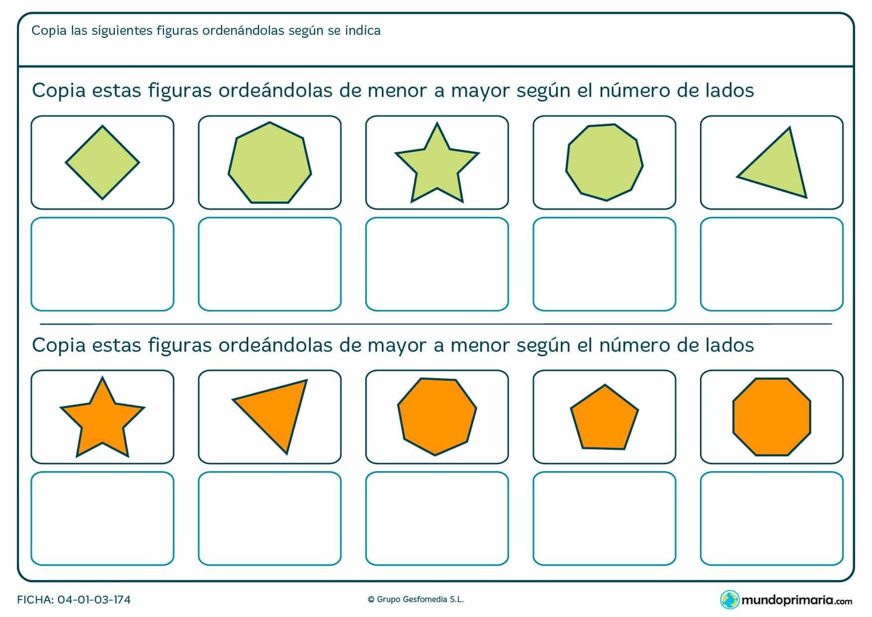 Ficha de organizar figuras según el número de lados por la que tendrás ordenar las diferentes opciones atendiendo a esta propiedad.