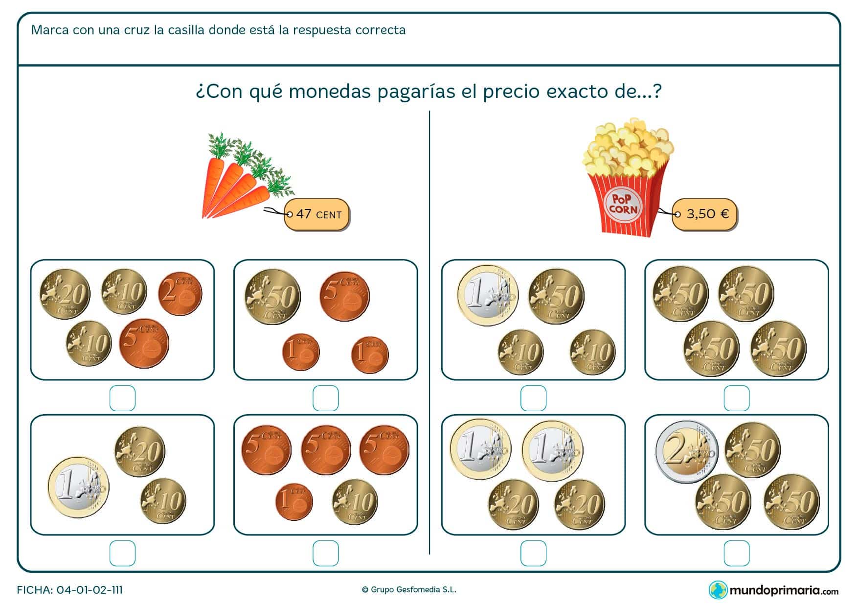 Ficha de pagar las palomitas para niños de siete a ocho años por la que los niños pensarán cuál es la manera adecuada de comprar el objeto.