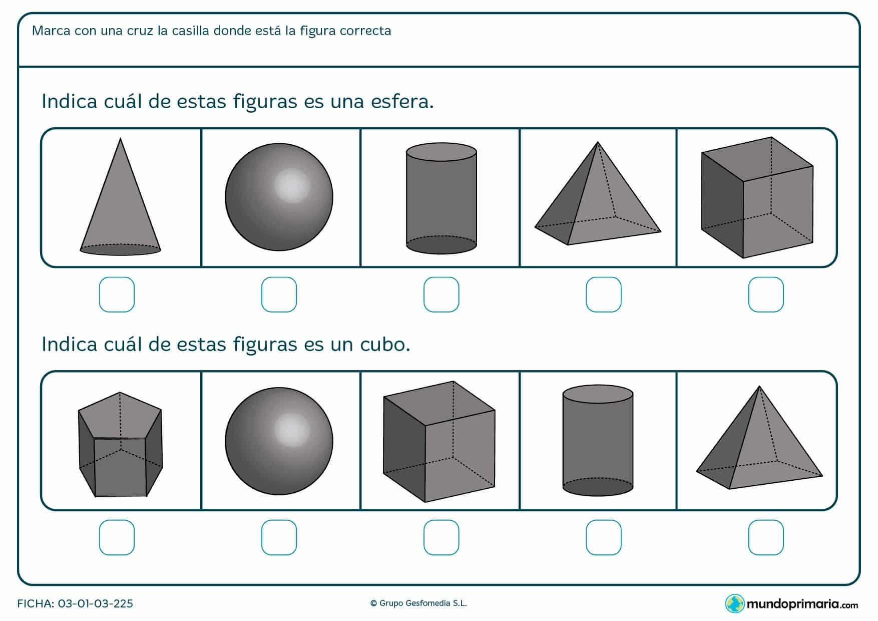 Ficha de poliedros en el cuál hay que marcar la casilla en la que se encuentra la figura que corresponde.