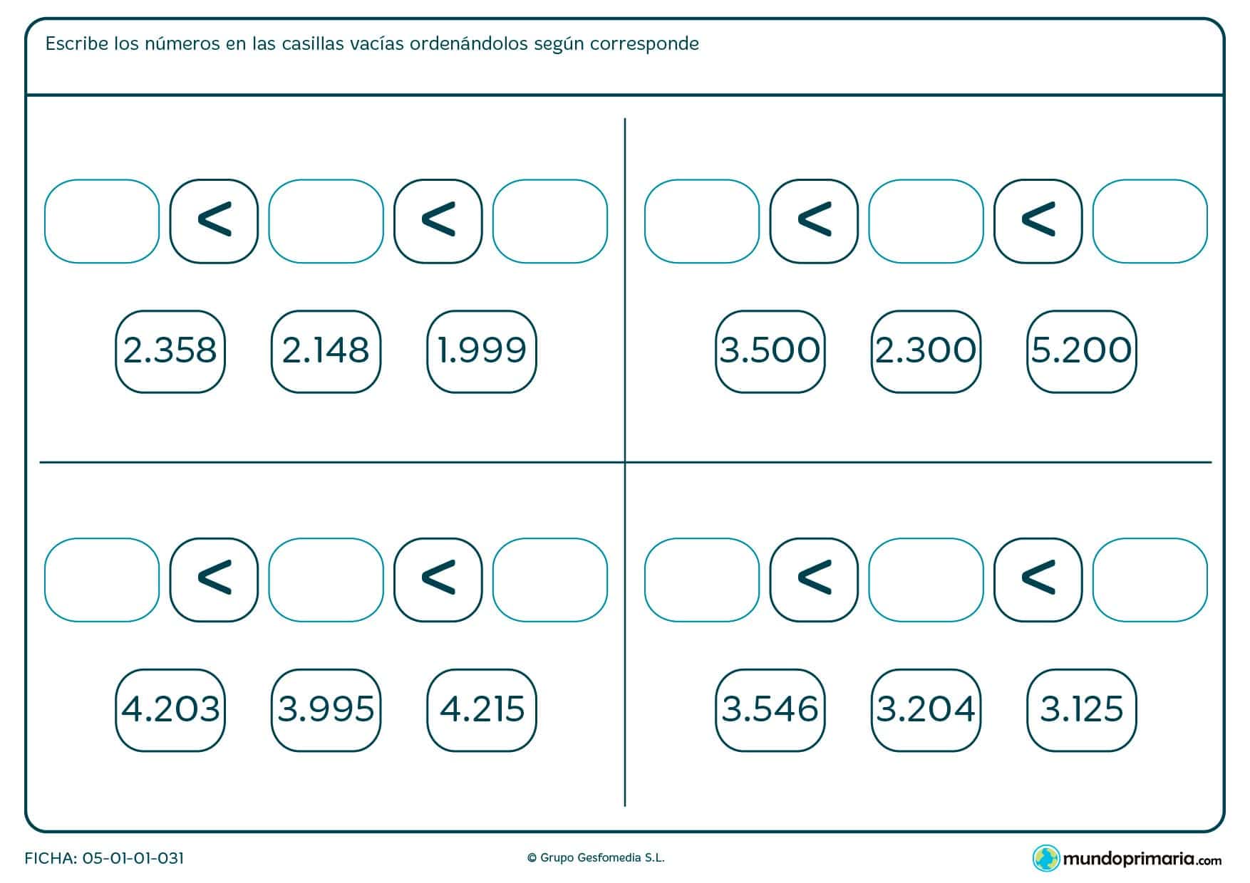 Coloca los números en las casillas en blanco respetando los símbolos que aparecen.