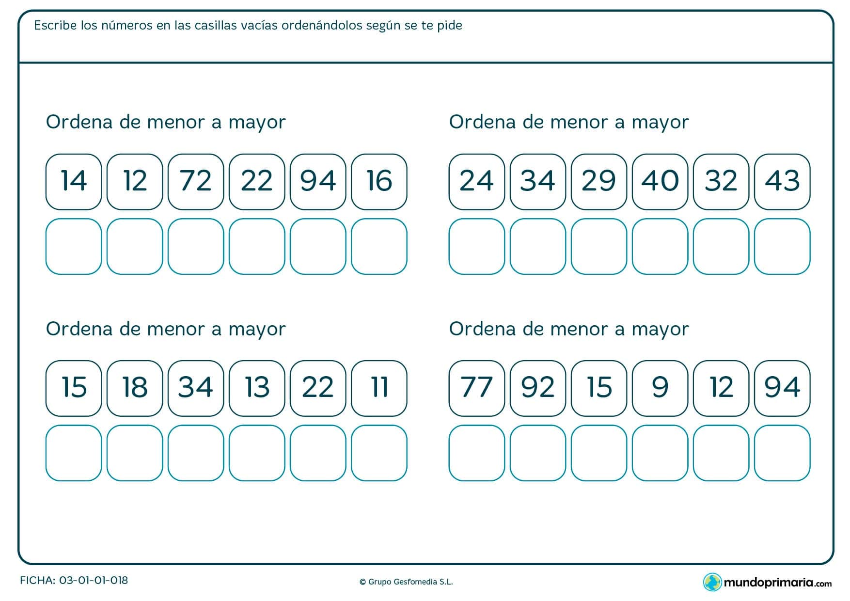 Ficha de recolocar de menor a mayor en el que hay que poner los números que te vienen en las casillas correspondientes.
