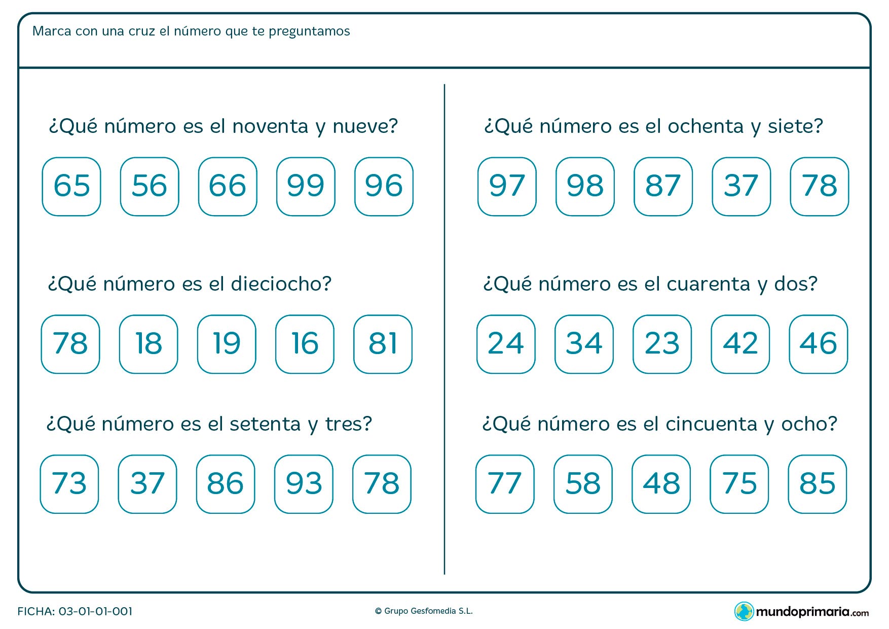 Ficha de reconocer los números escritos con dos cifras.