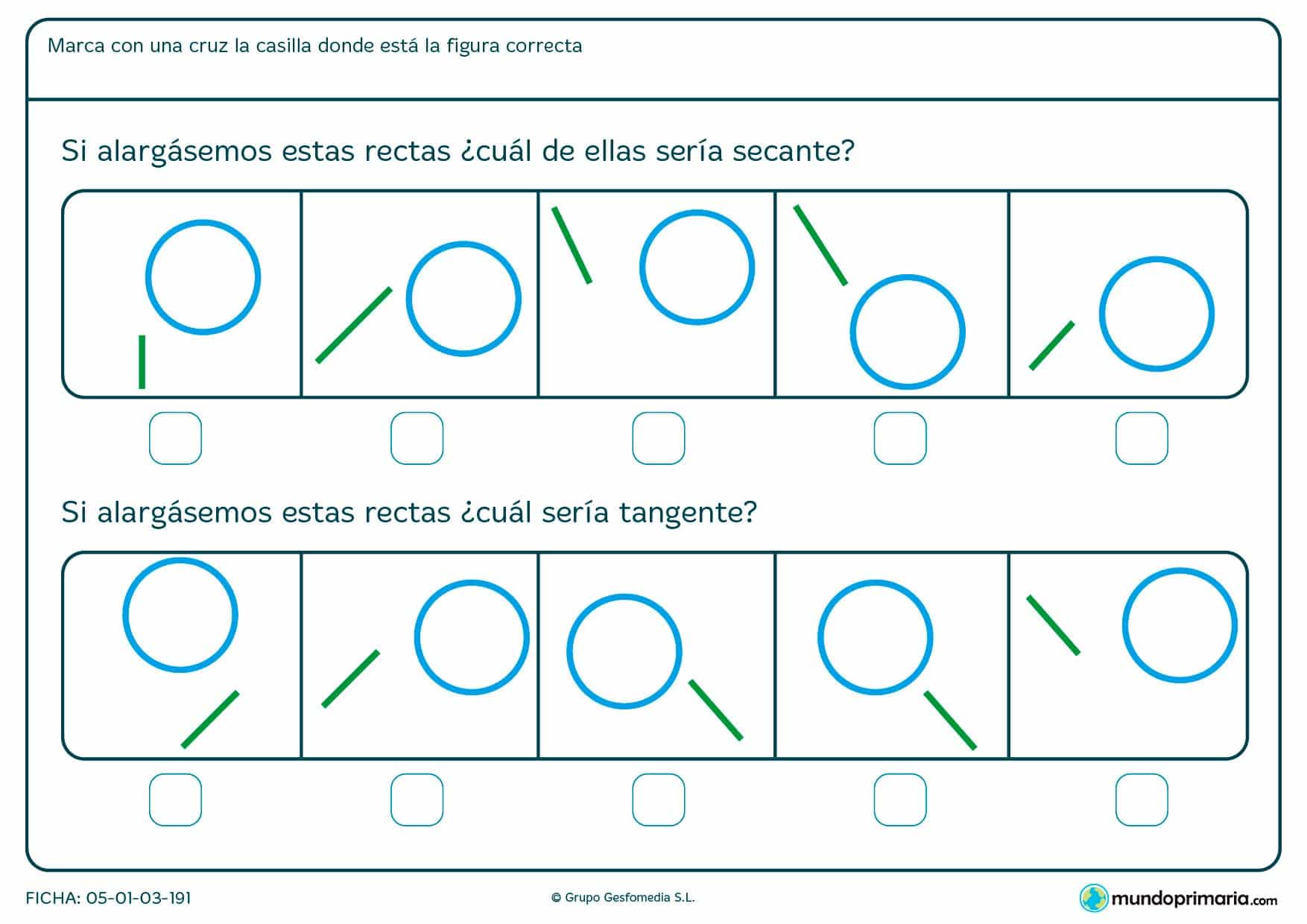 Ficha de alargar las rectas y comprobar si son secantes o tangentes.